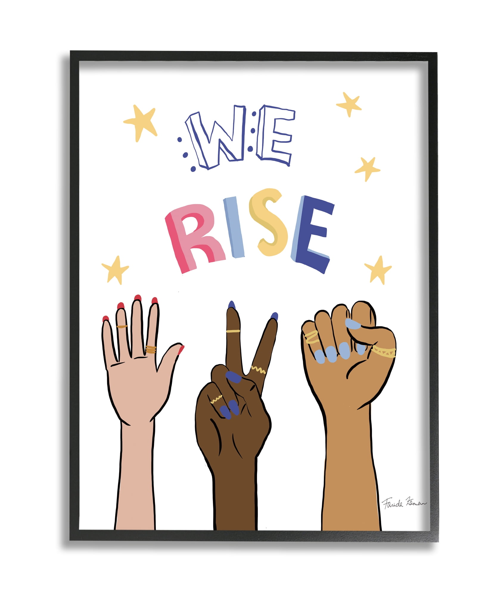 Stupell Industries We Rise Phrase Playful Text Female Hands Raised Black Framed, 16 x 20, Design by Farida Zaman