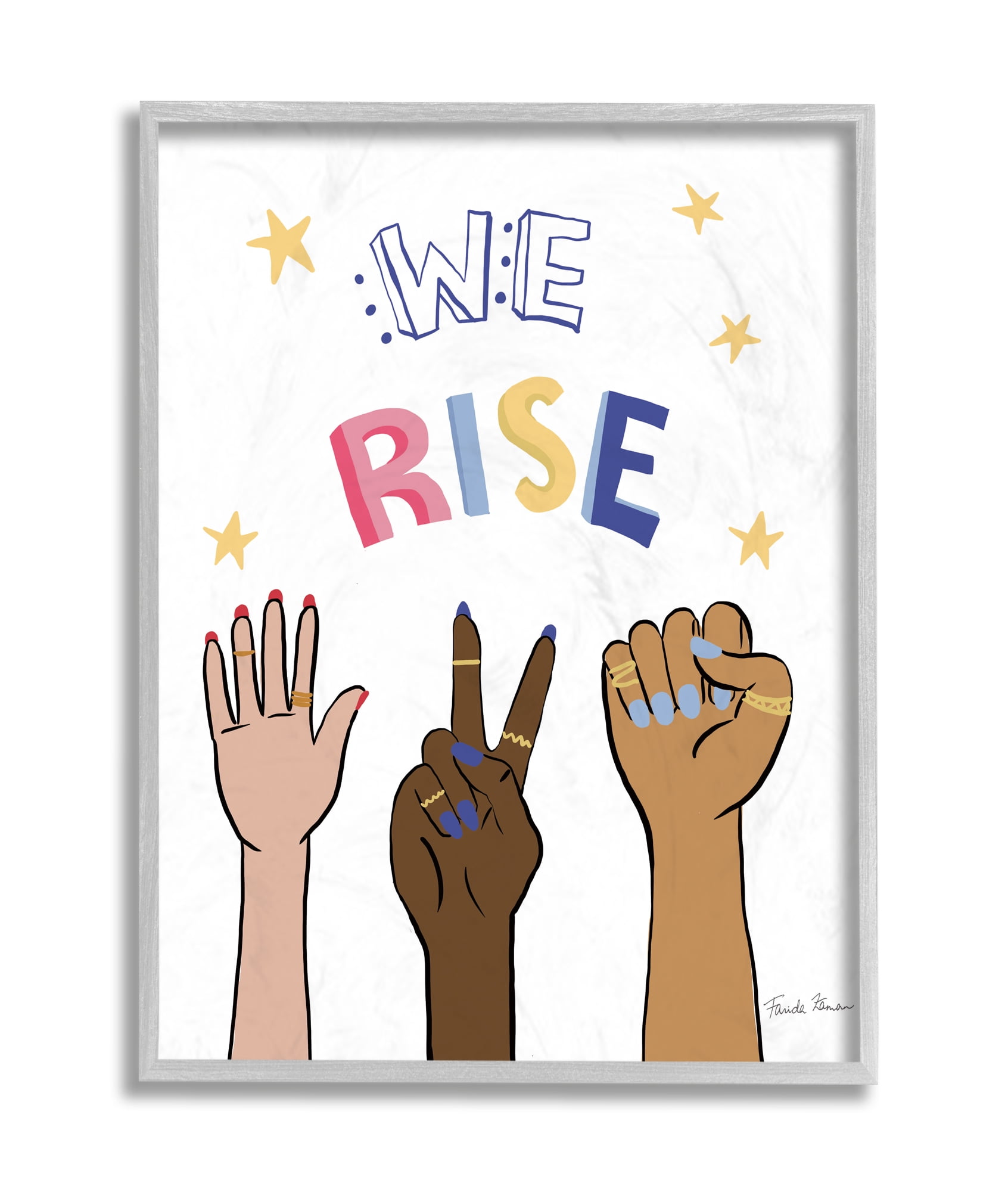 Stupell Industries We Rise Phrase Playful Text Female Hands Raised Grey Framed, 11 x 14, Design by Farida Zaman