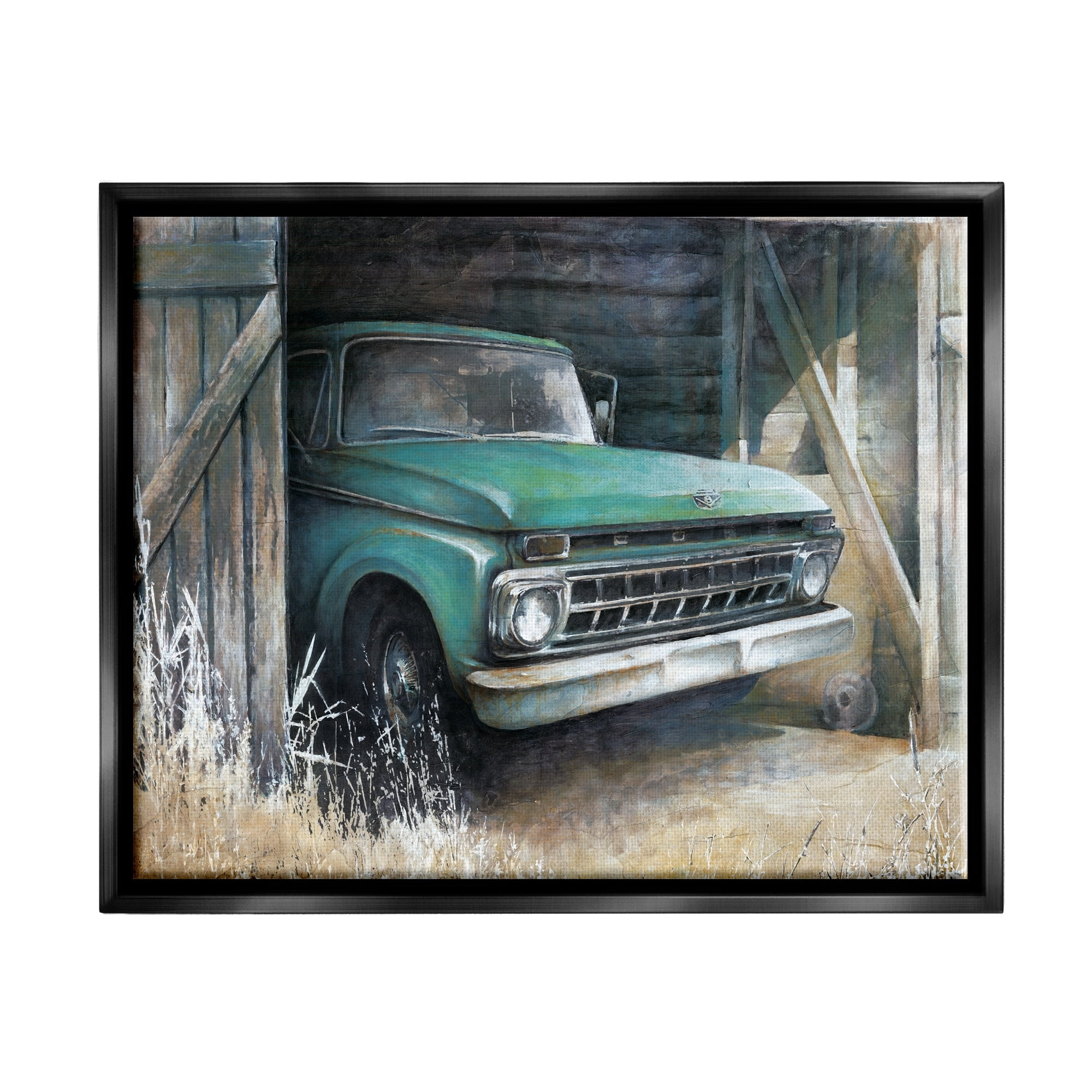 Stupell Industries Weathered Country Barn Vintage Green Pickup Truck Painting Jet Black Floating Framed Canvas Print Wall Art, Design by White Ladder