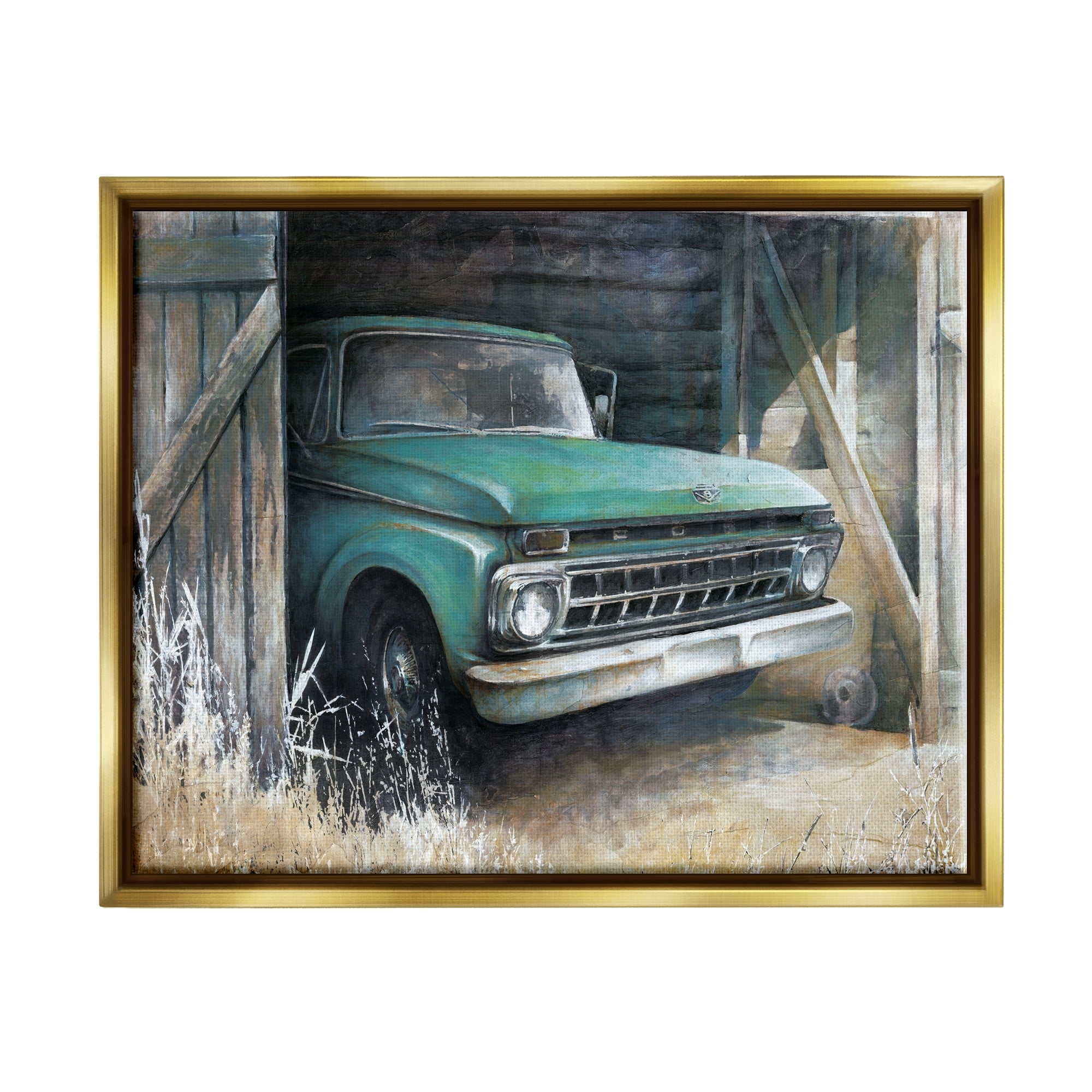 Stupell Industries Weathered Country Barn Vintage Green Pickup Truck Painting Metallic Gold Floating Framed Canvas Print Wall Art, Design by White Ladder