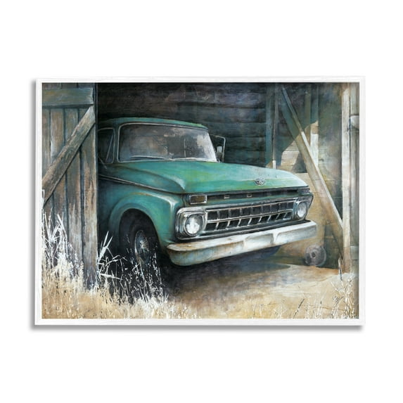 Stupell Industries Weathered Country Barn Vintage Green Pickup Truck Painting White Framed Art Print Wall Art, Design by White Ladder