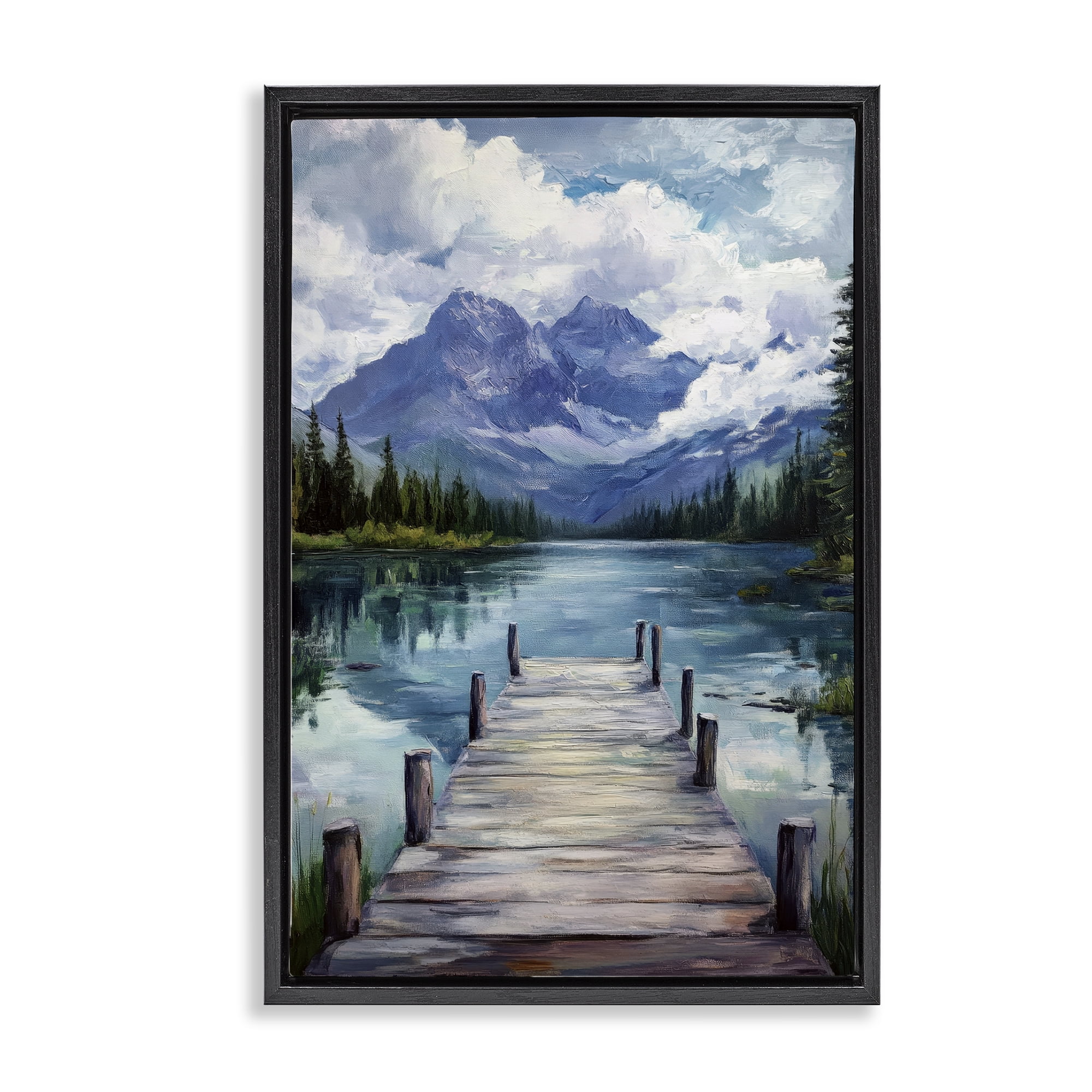 Stupell Industries Weathered Dock on Mountain Lake Black Framed Floater Canvas Wall Art, design by Petal Prints Design
