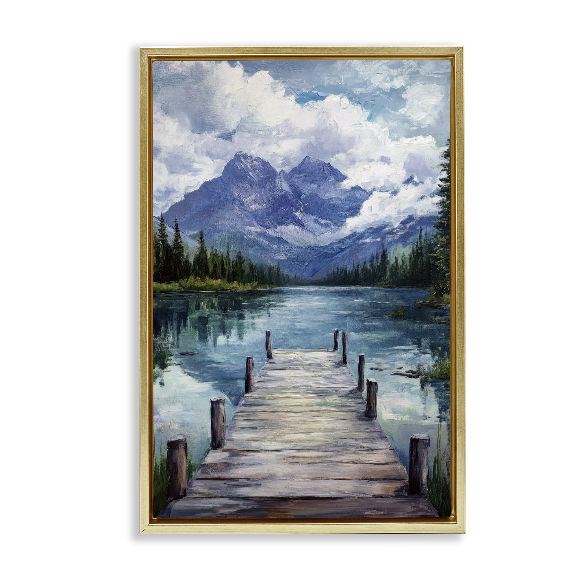 Stupell Industries Weathered Dock on Mountain Lake Gold Framed Floater Canvas Wall Art, design by Petal Prints Design