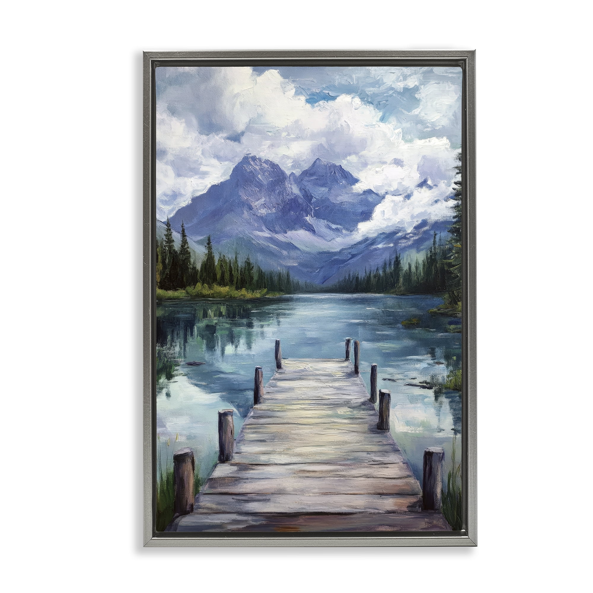Stupell Industries Weathered Dock on Mountain Lake Gray Framed Floater Canvas Wall Art, design by Petal Prints Design
