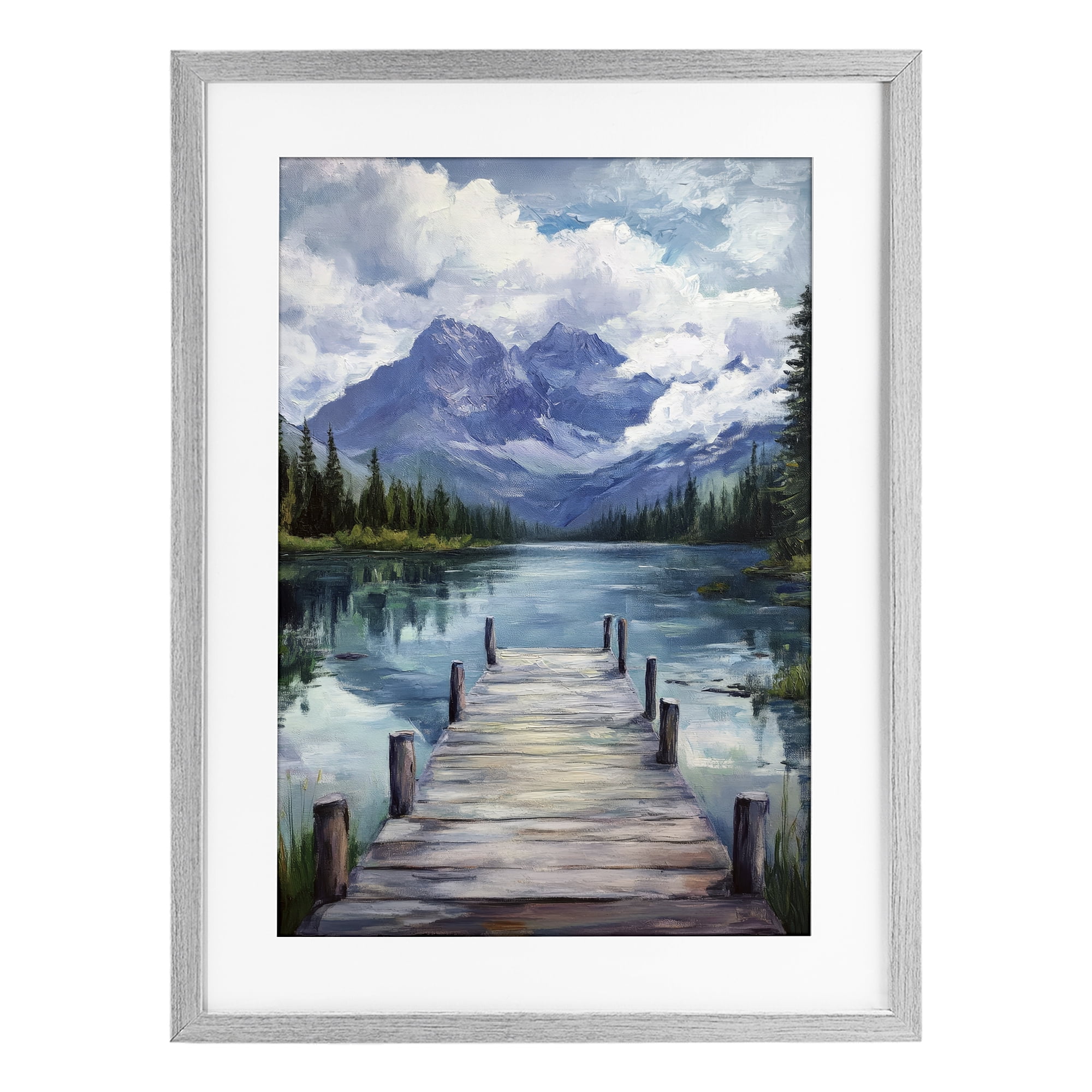 Stupell Industries Weathered Dock on Mountain Lake Gray Framed Print Under Glass, design by Petal Prints Design