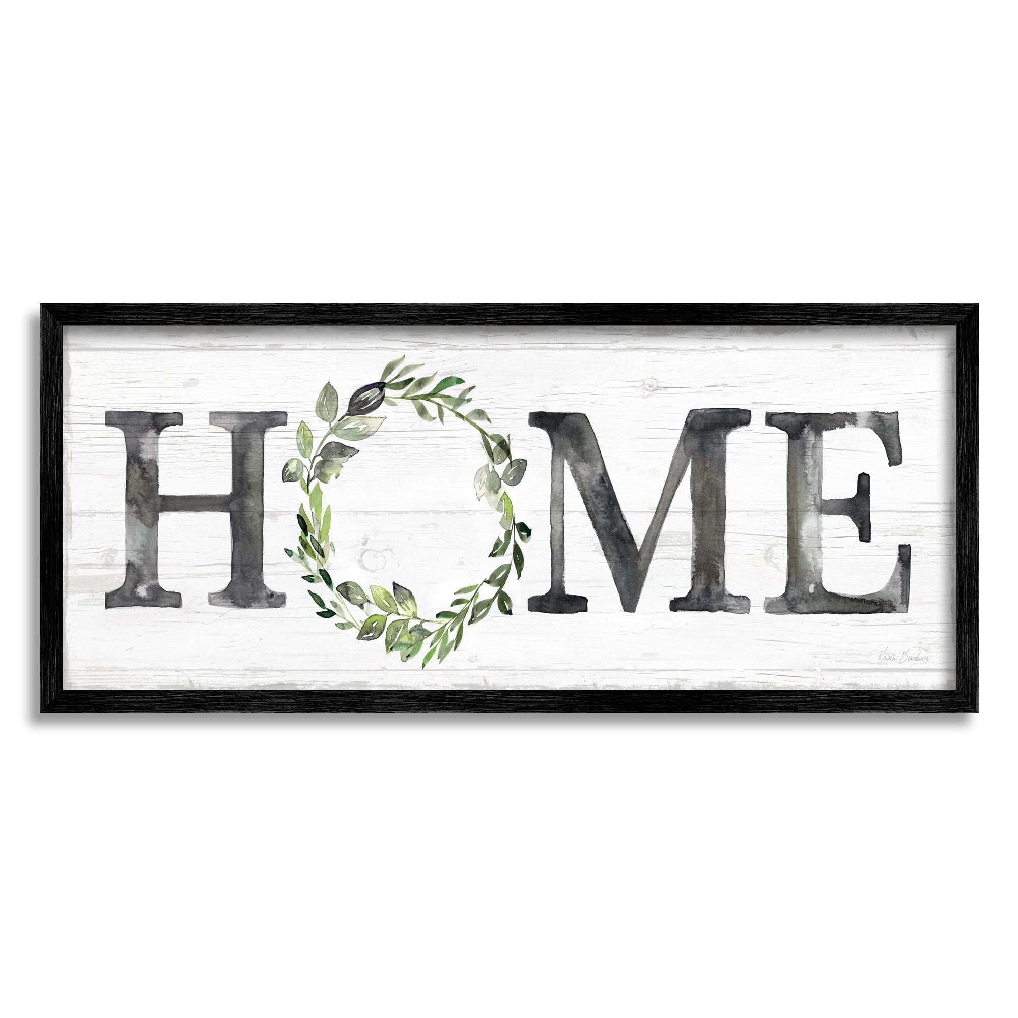 Stupell Industries Weathered Pattern Home Sign Botanical Wreath Greenery Graphic Art Black Framed Art Print Wall Art, Design by Kristen Brockmon