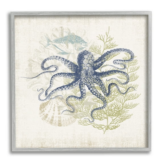 Stupell Industries Weathered Sea Life Overlay Pattern Aquatic Octopus Graphic Art Gray Framed Art Print Wall Art, Design by Victoria Barnes