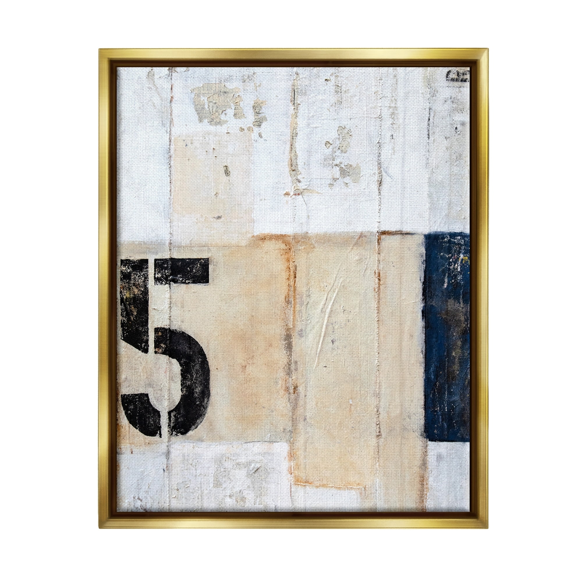 Stupell Industries Weathered Street Style Number 5 Stencil Rustic Abstract Painting Metallic Gold Floating Framed Canvas Print Wall Art, Design by Erin Ashley