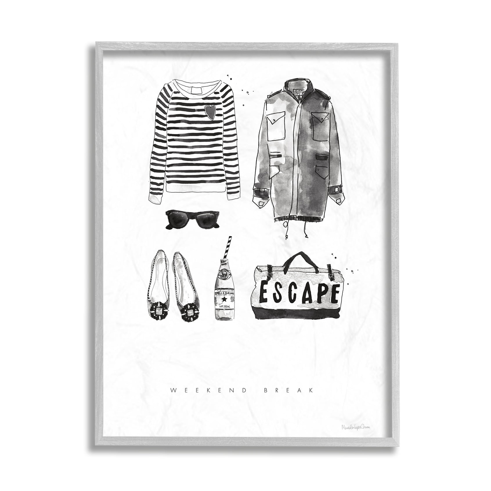 Stupell Industries Weekend Break Phrase Glam Fashion Mood Board Grey Framed, 11 x 14, Design by Mercedes Lopez Charro
