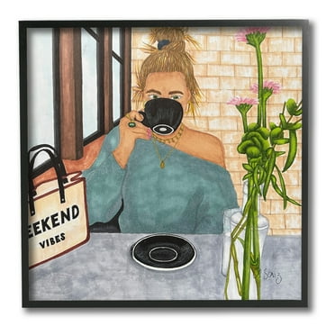Stupell Industries Weekend Vibes at Cafe Food & Beverage Painting Black Framed Art Print Wall Art, 12 x 12