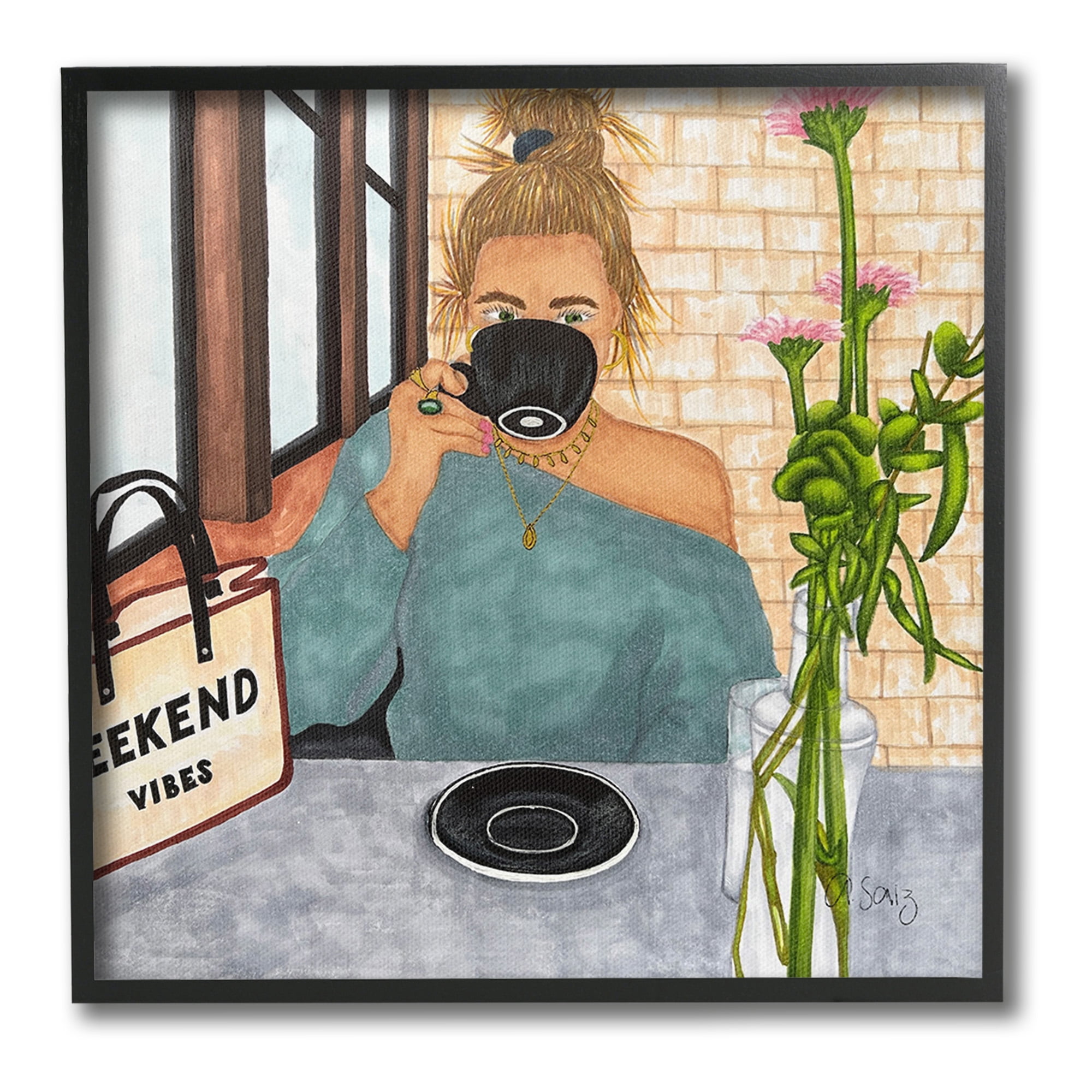 Stupell Industries Weekend Vibes at Cafe Food & Beverage Painting Black Framed Art Print Wall Art, 17 x 17