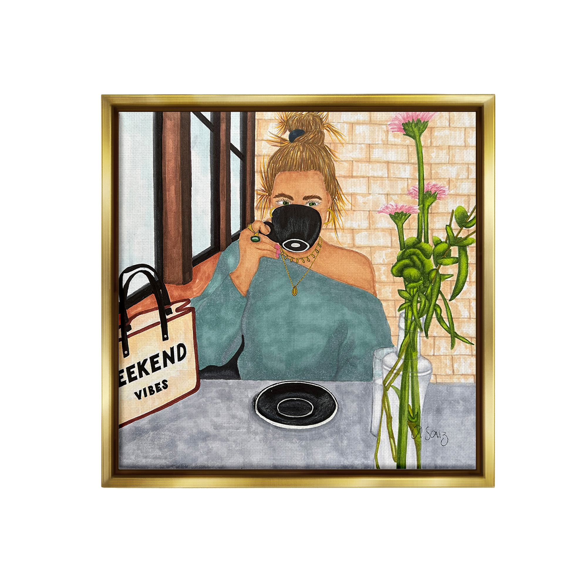 Stupell Industries Weekend Vibes at Cafe Food & Beverage Painting Gold Floater Framed Canvas Art Print Wall Art, 25 x 25