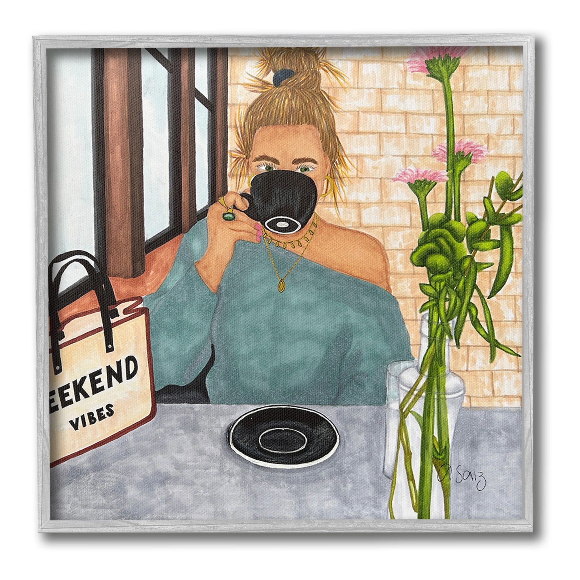 Stupell Industries Weekend Vibes at Cafe Food & Beverage Painting Gray Framed Art Print Wall Art, 17 x 17