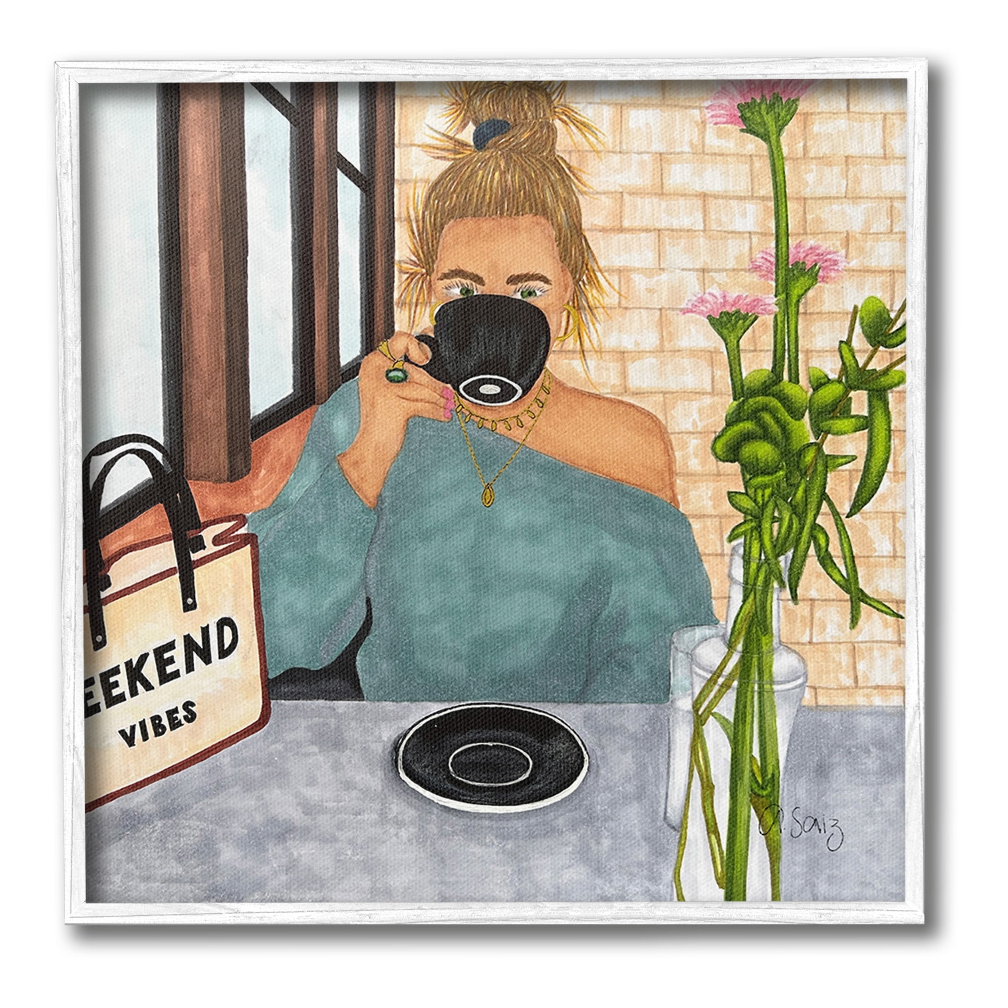 Stupell Industries Weekend Vibes at Cafe Food & Beverage Painting White Framed Art Print Wall Art, 17 x 17
