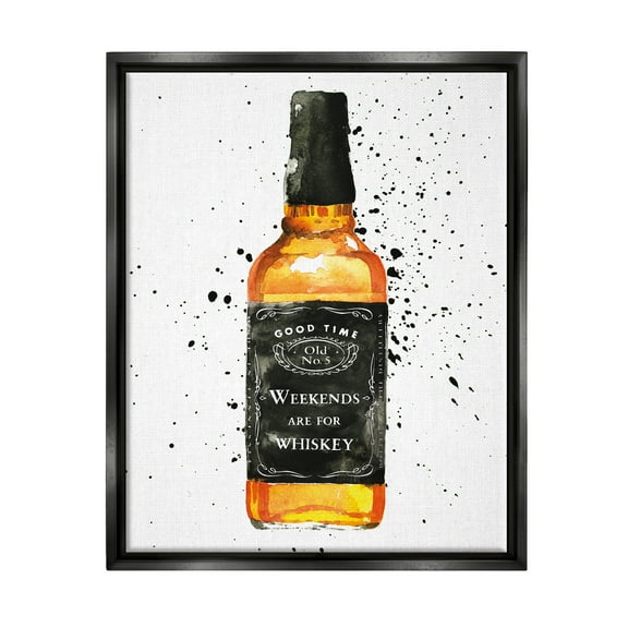 Stupell Industries Weekends Are For Whiskey Quote Liquor Bottle Jet Black Framed Floating Canvas Wall Art, 16x20, by Mercedes Lopez Charro