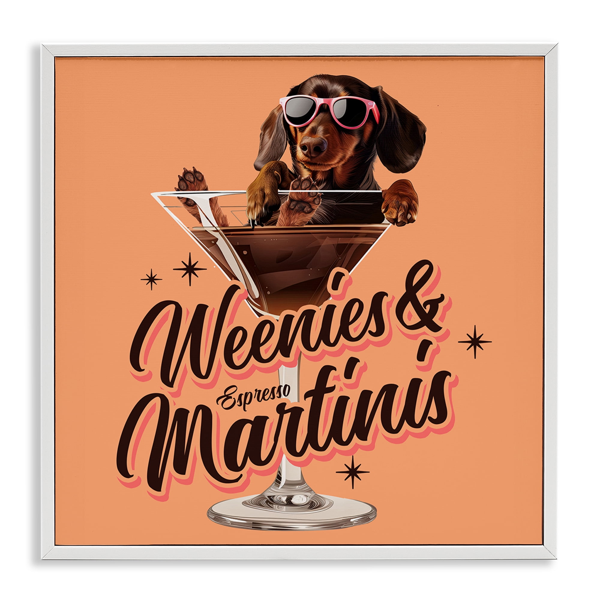 Stupell Industries Weenie's & Espresso Martinis Animals Painting White Framed Art Print Wall Art, 12 x 12