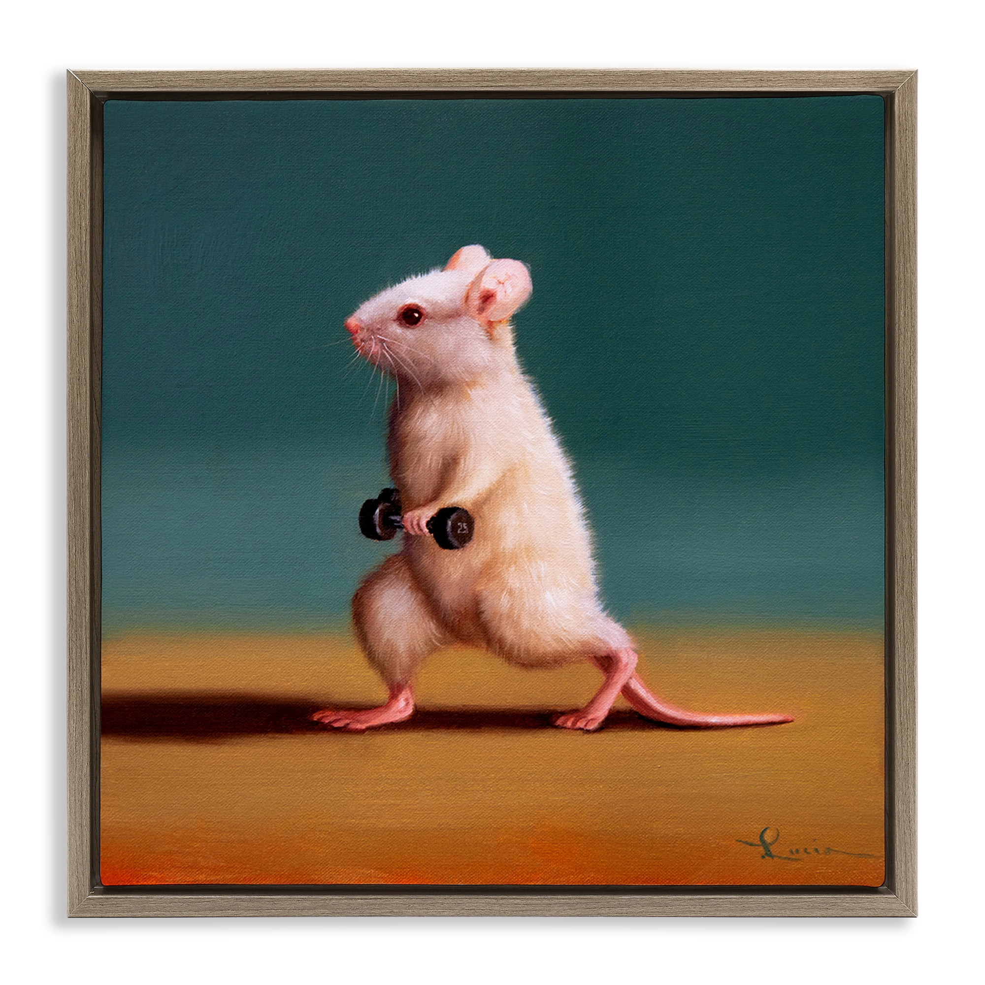 Stupell Industries Weight Exercising Mouse Animals Painting Brown Floater Framed Canvas Art Print Wall Art, 18 x 18