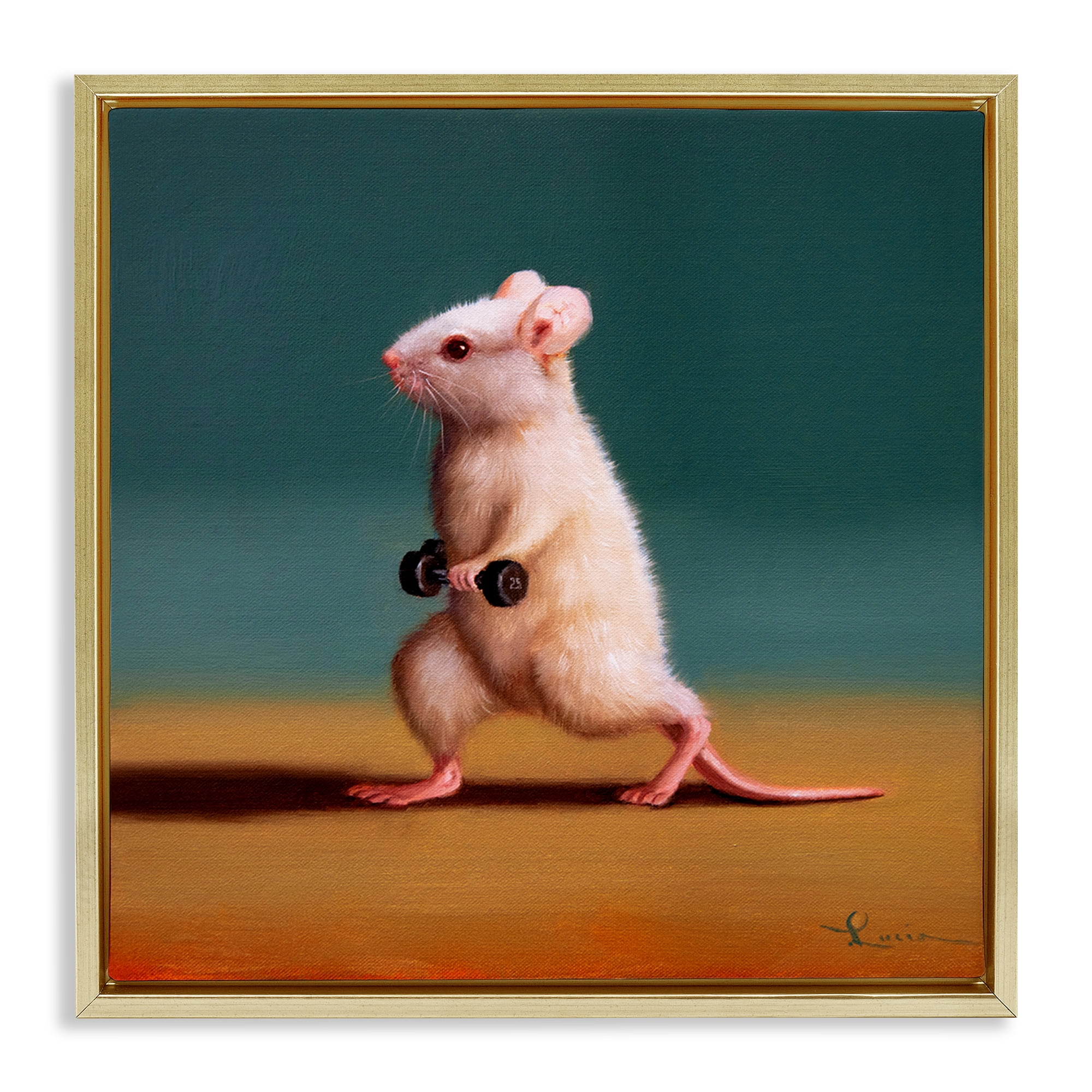 Stupell Industries Weight Exercising Mouse Animals Painting Gold Floater Framed Canvas Art Print Wall Art, 25 x 25