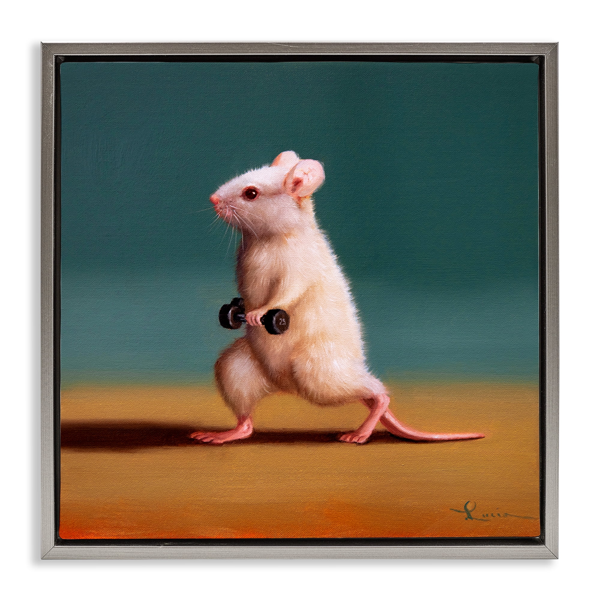 Stupell Industries Weight Exercising Mouse Animals Painting Gray Floater Framed Canvas Art Print Wall Art, 25 x 25