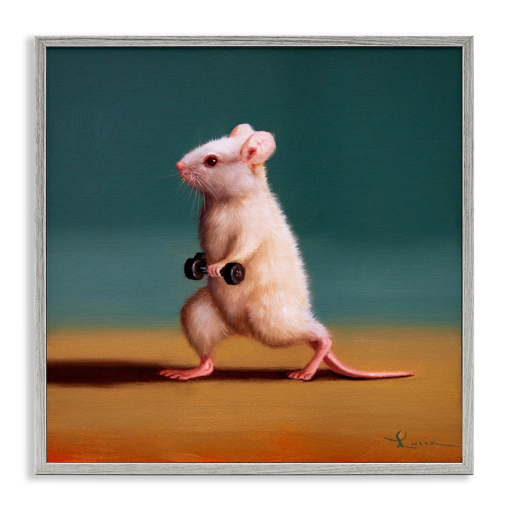 Stupell Industries Weight Exercising Mouse Animals Painting Gray Framed Art Print Wall Art, 17 x 17