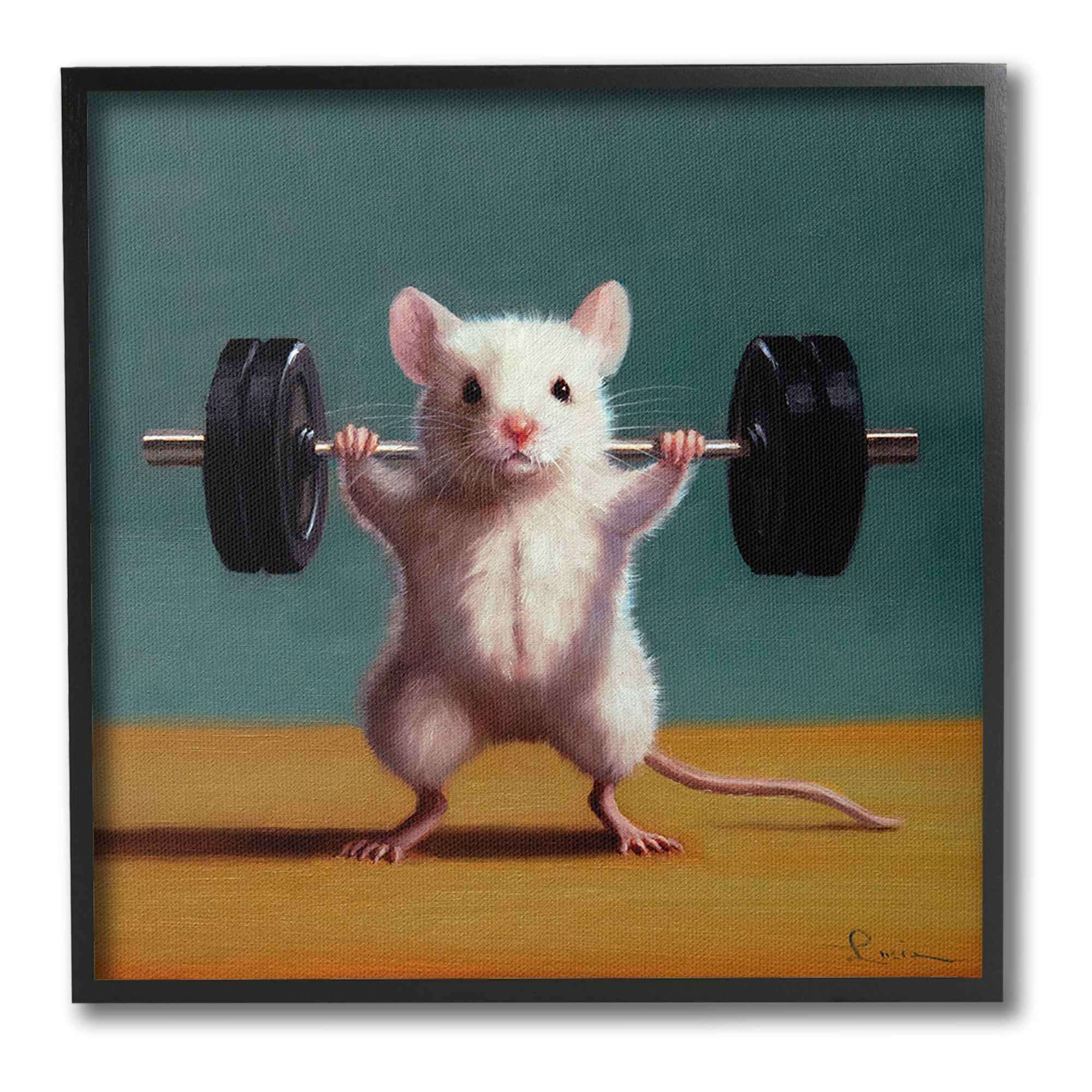 Stupell Industries Weight Lifting Mouse Animals & Insects Painting Black Framed Art Print Wall Art, 12 x 12