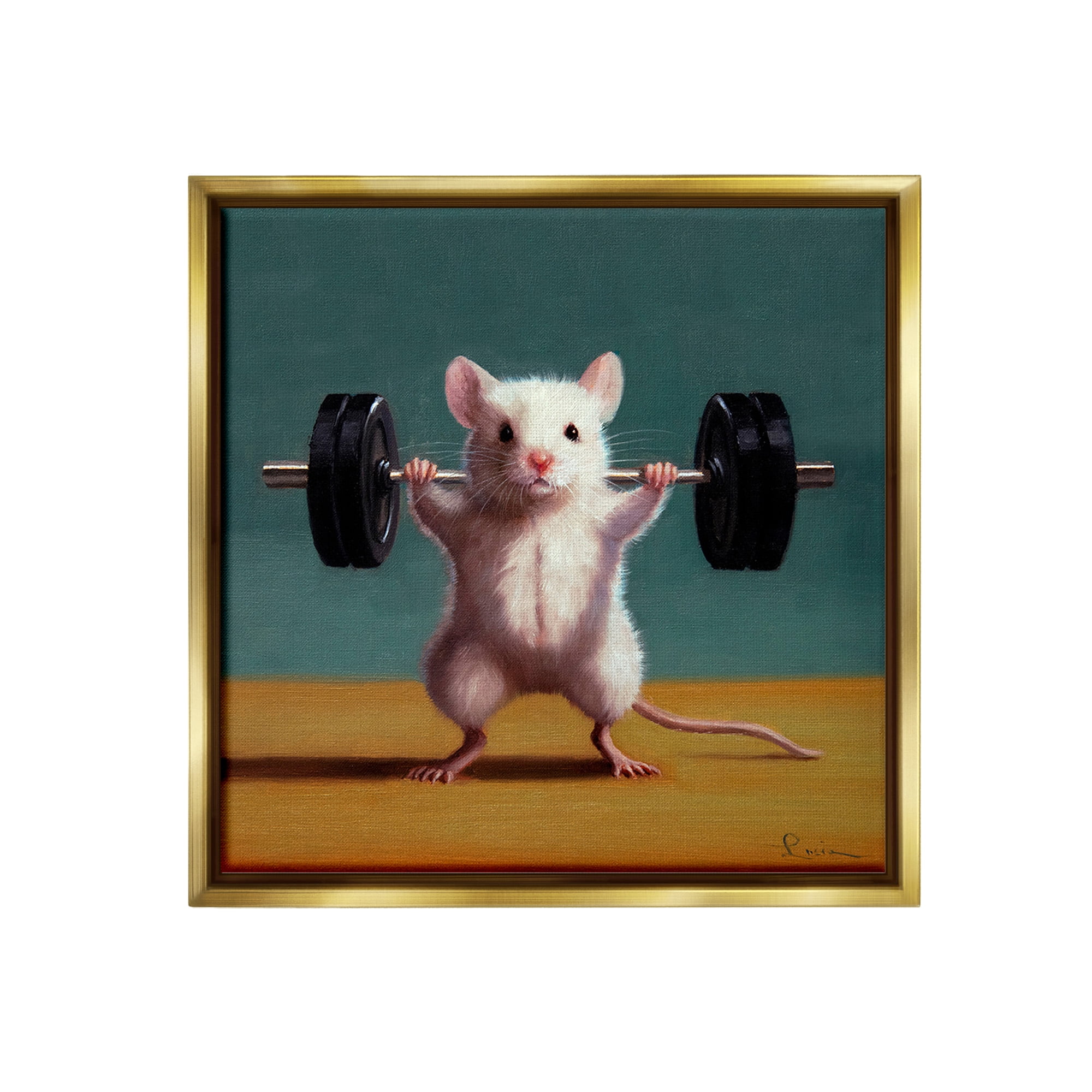 Stupell Industries Weight Lifting Mouse Animals & Insects Painting Gold Floater Framed Canvas Art Print Wall Art, 18 x 18
