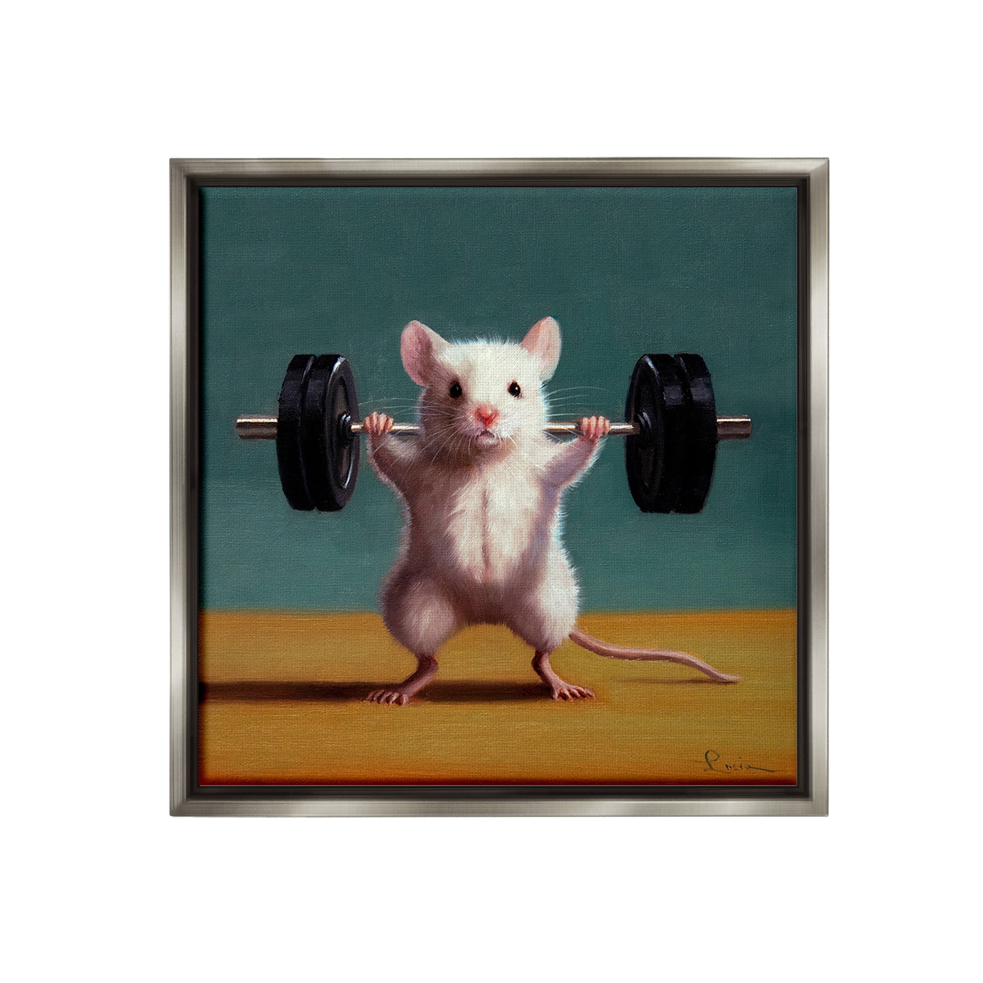 Stupell Industries Weight Lifting Mouse Animals & Insects Painting Gray Floater Framed Canvas Art Print Wall Art, 18 x 18