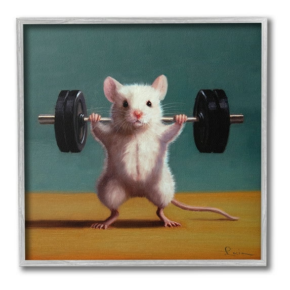 Stupell Industries Weight Lifting Mouse Animals & Insects Painting Gray Framed Art Print Wall Art, 12 x 12