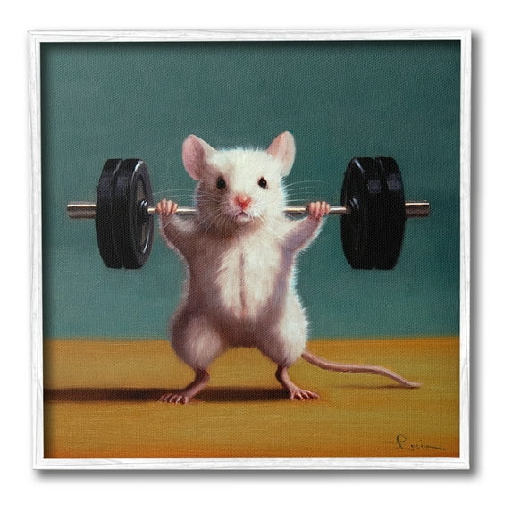 Stupell Industries Weight Lifting Mouse Animals & Insects Painting White Framed Art Print Wall Art, 17 x 17