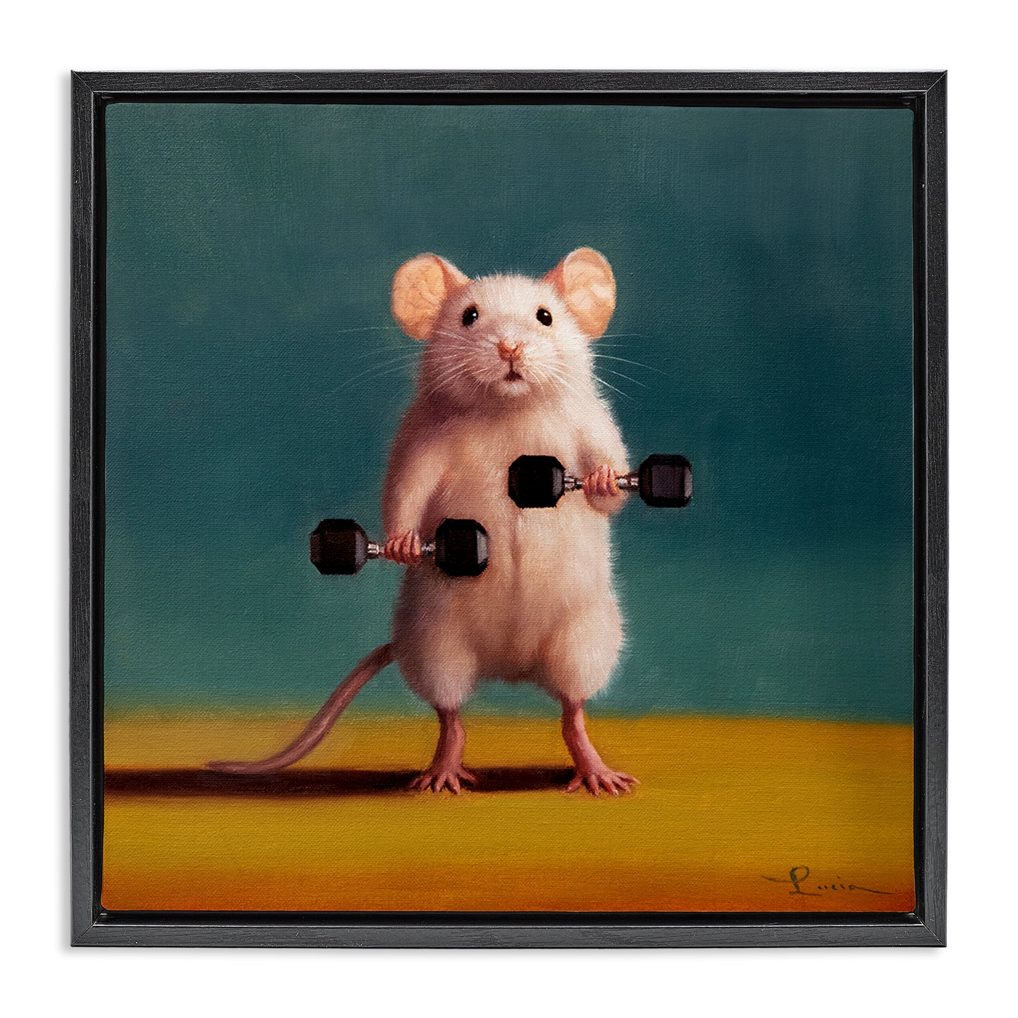 Stupell Industries Weight Lifting Mouse Animals Painting Black Floater Framed Canvas Art Print Wall Art, 25 x 25