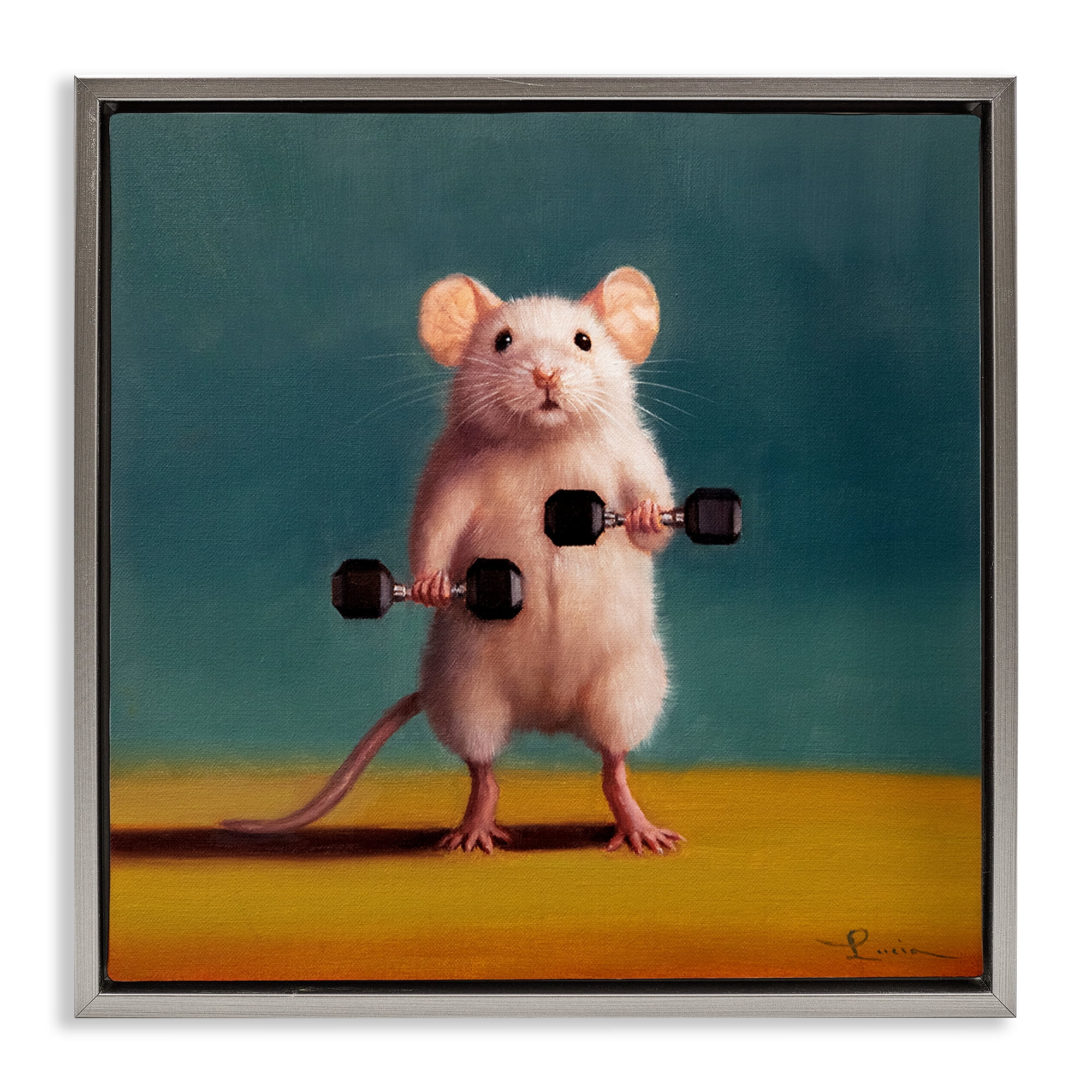 Stupell Industries Weight Lifting Mouse Animals Painting Gray Floater Framed Canvas Art Print Wall Art, 25 x 25
