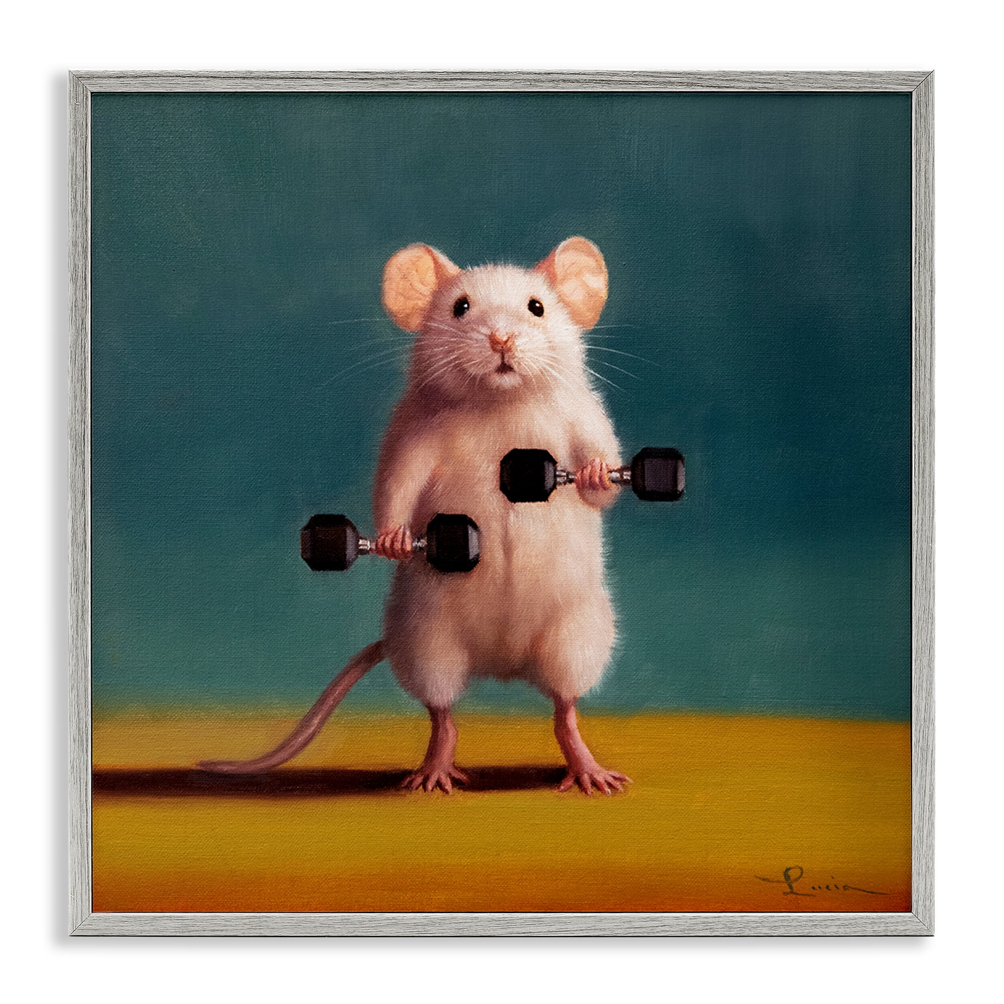 Stupell Industries Weight Lifting Mouse Animals Painting Gray Framed Art Print Wall Art, 12 x 12