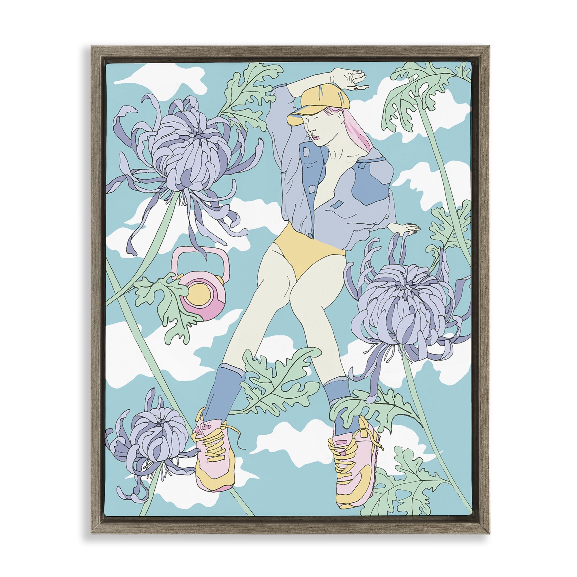 Stupell Industries Weight Trainer & Chrysanthemums People Painting Brown Floater Framed Canvas Art Print Wall Art, 25 x 31