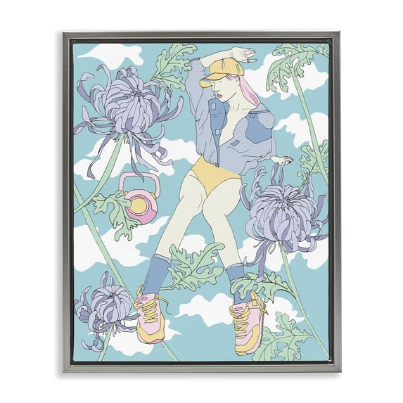 Stupell Industries Modern Weight Trainer & Chrysanthemums Gray Floating Frame Canvas Art, 17 x 21, by Melissa Wang