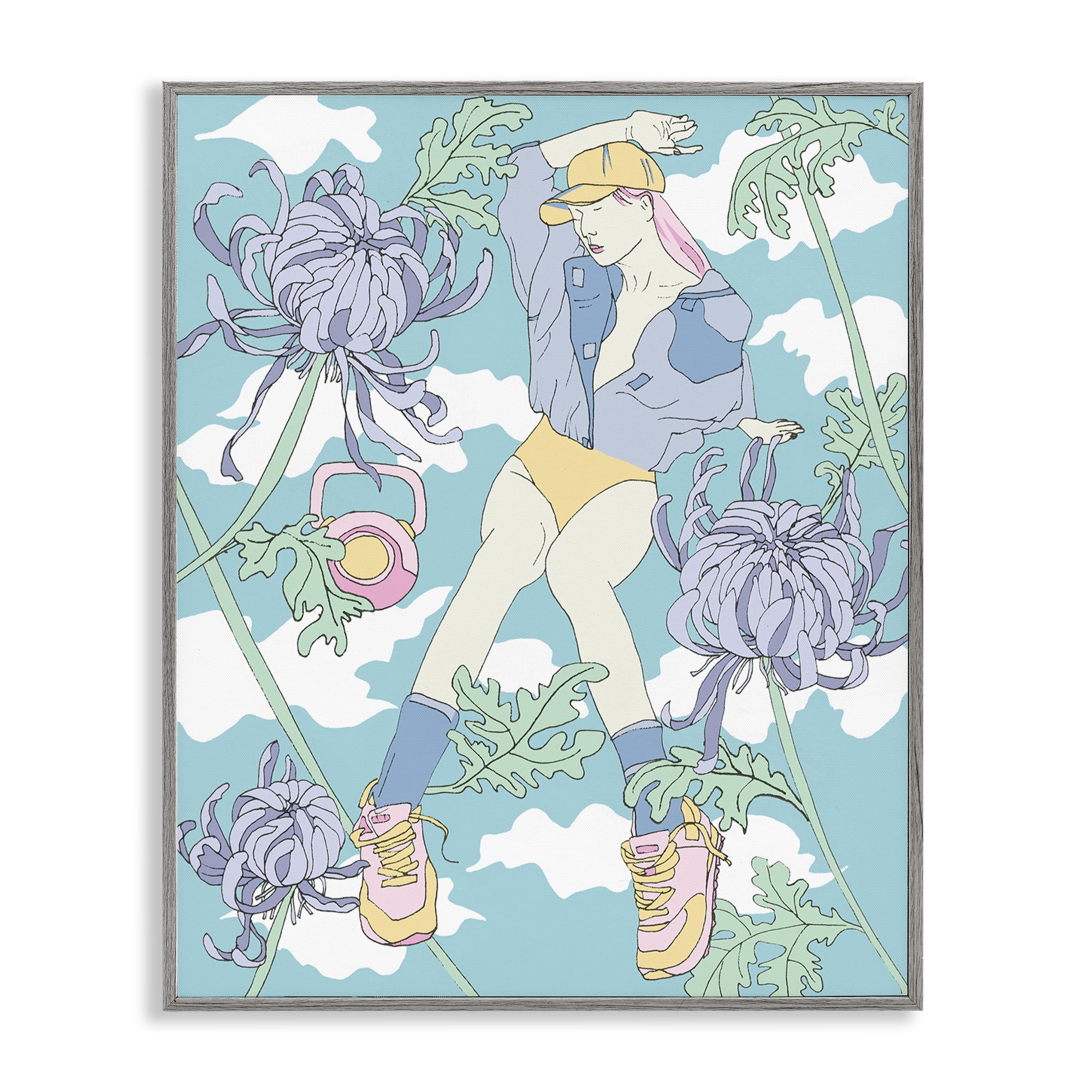 Stupell Industries Weight Trainer & Chrysanthemums People Painting Gray Framed Art Print Wall Art, 16 x 20