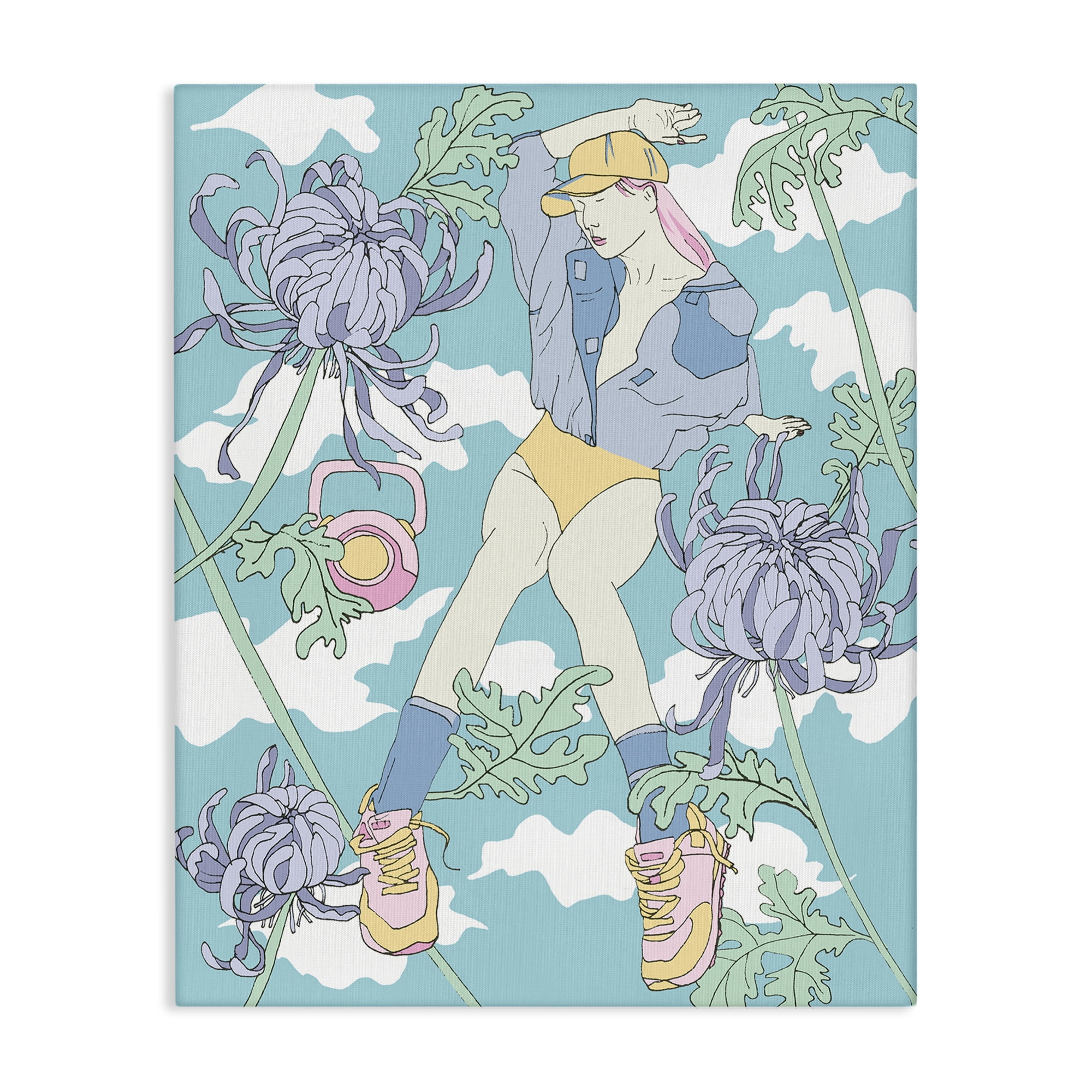 Stupell Industries Weight Trainer & Chrysanthemums People Painting Wrapped Canvas Art Print Wall Art, 16 x 20