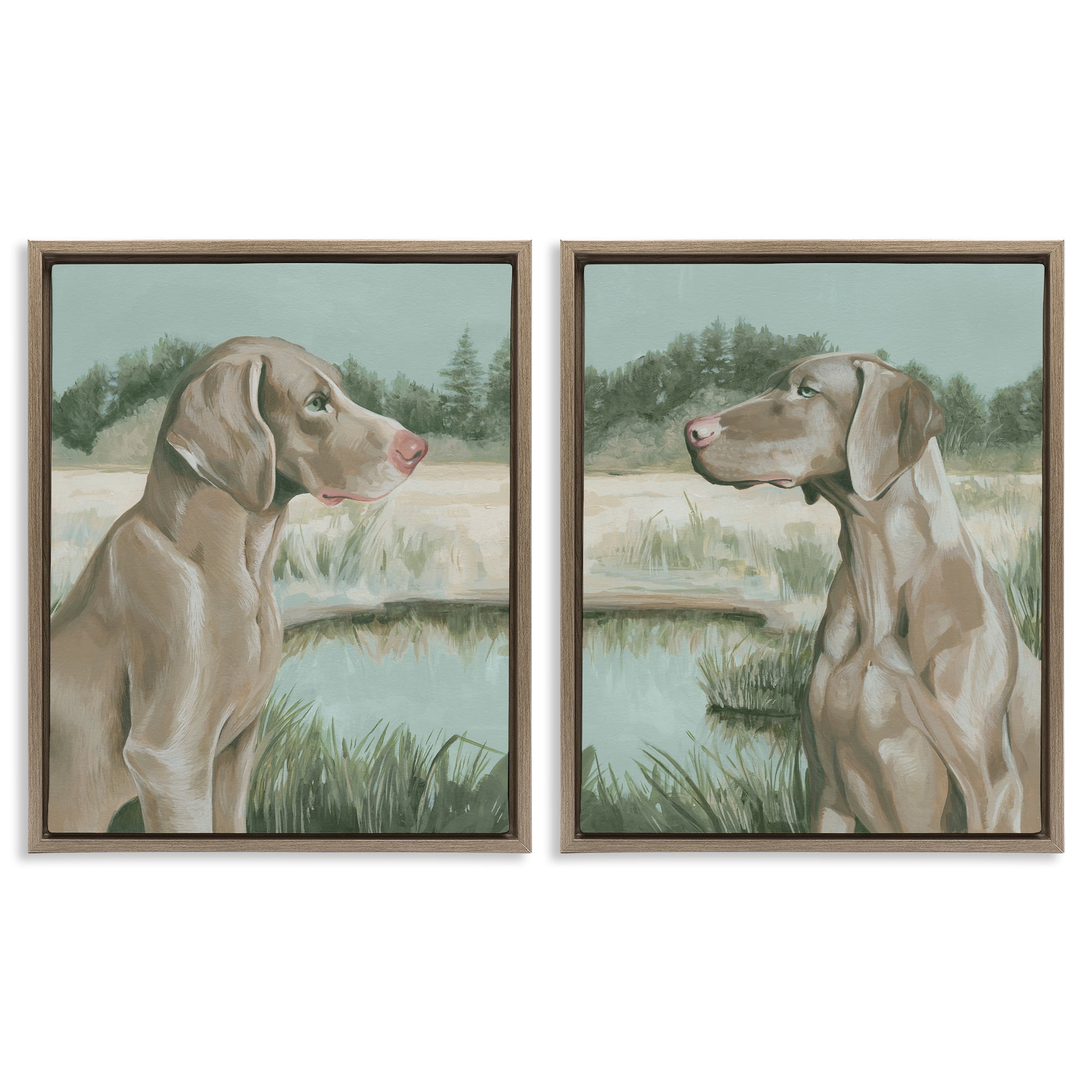 Stupell Industries Weimaraner Dog by Marsh Animals Painting Brown Floater Framed Canvas Art Print Wall Art, 17 x 21, Set of 2