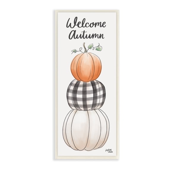 Stupell Industries Welcome Autumn Seasonal Tartan Pumpkin Patterns Graphic Art Unframed Art Print Wall Art, Design by Jess Baskin