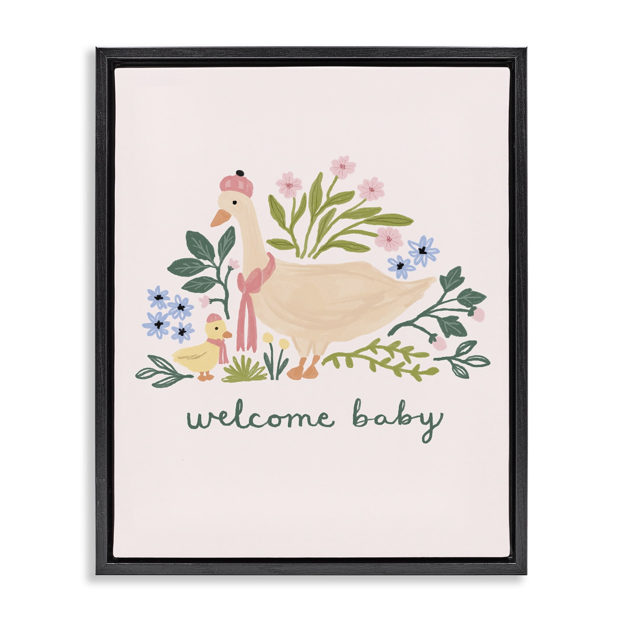 Stupell Industries Welcome Baby Floral Duck Animals Painting Black Floater Framed Canvas Art Print Wall Art, 25 x 31
