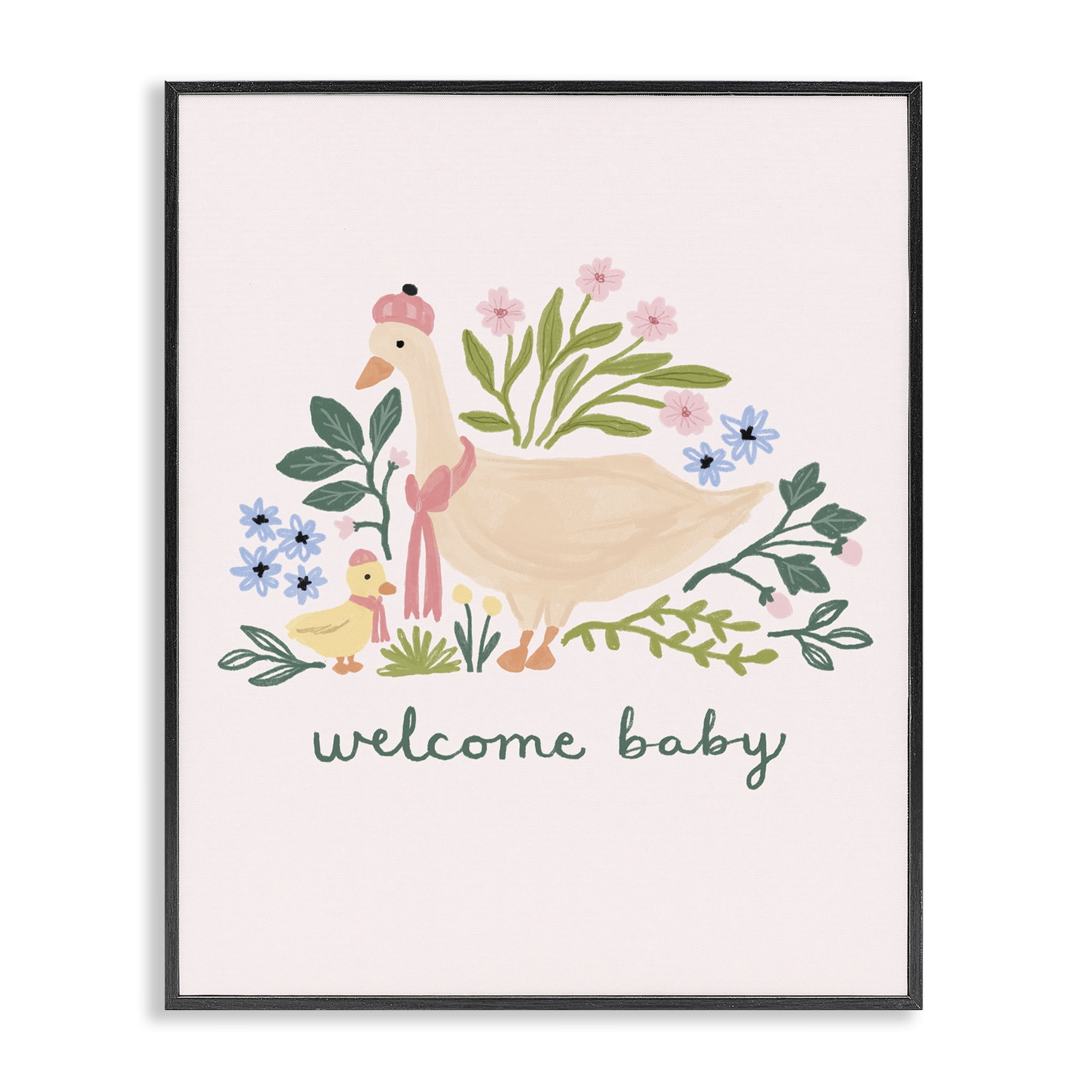 Stupell Industries Welcome Baby Floral Duck Animals Painting Black Framed Art Print Wall Art, 11 x 14