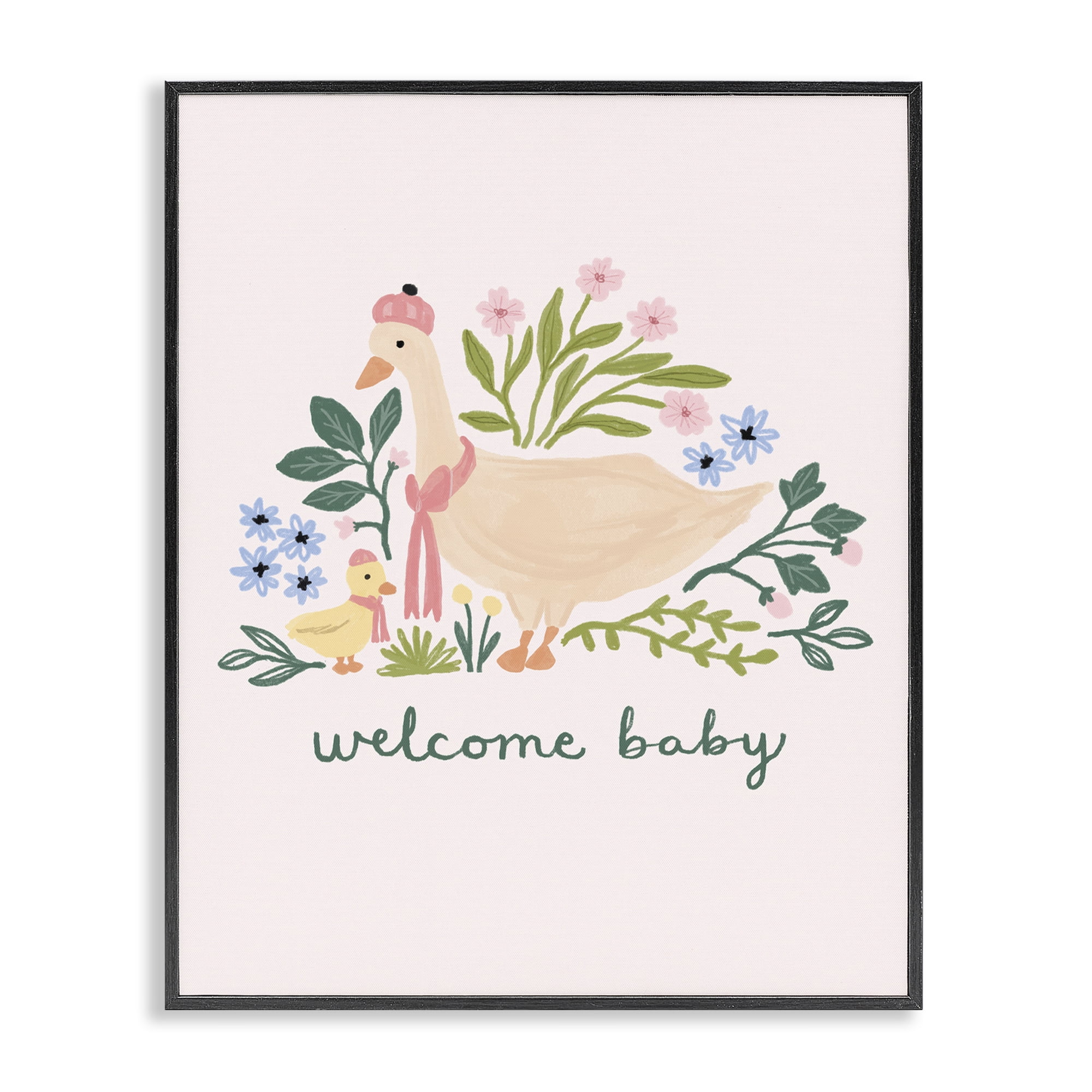 Stupell Industries Welcome Baby Floral Duck Animals Painting Black Framed Art Print Wall Art, 16 x 20