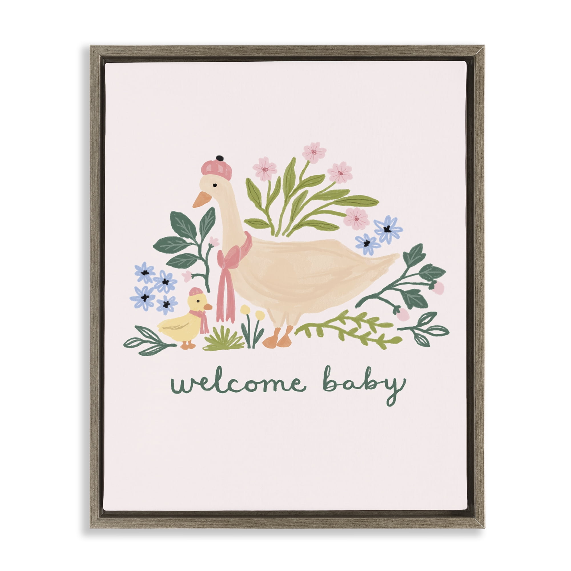 Stupell Industries Welcome Baby Floral Duck Animals Painting Brown Floater Framed Canvas Art Print Wall Art, 25 x 31