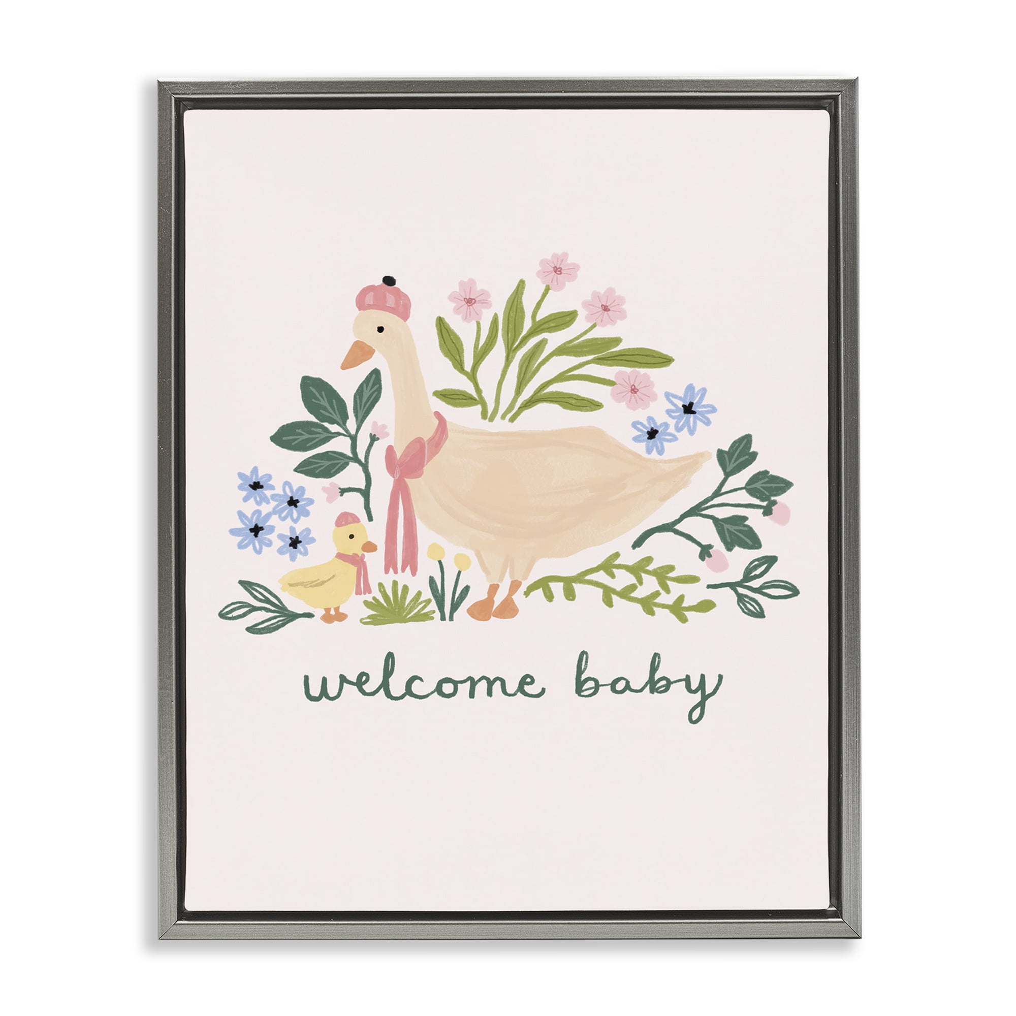 Stupell Industries Welcome Baby Floral Duck Animals Painting Gray Floater Framed Canvas Art Print Wall Art, 25 x 31