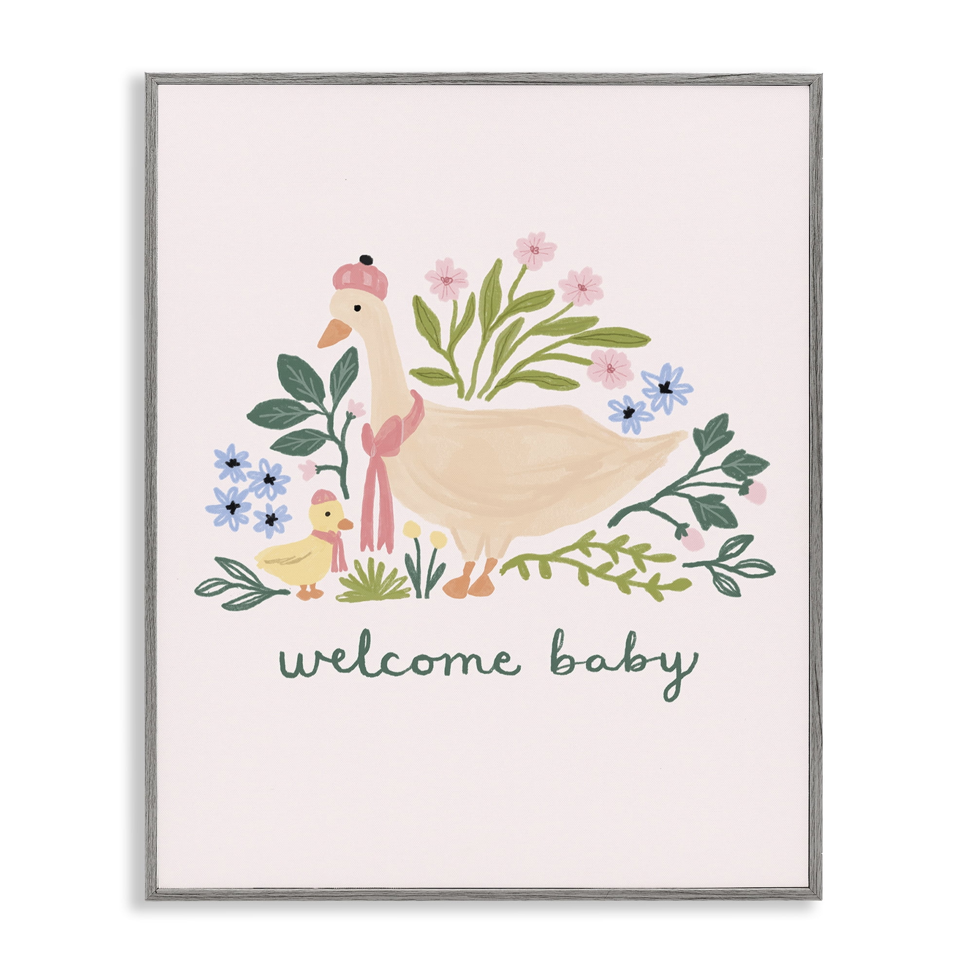 Stupell Industries Welcome Baby Floral Duck Animals Painting Gray Framed Art Print Wall Art, 24 x 30