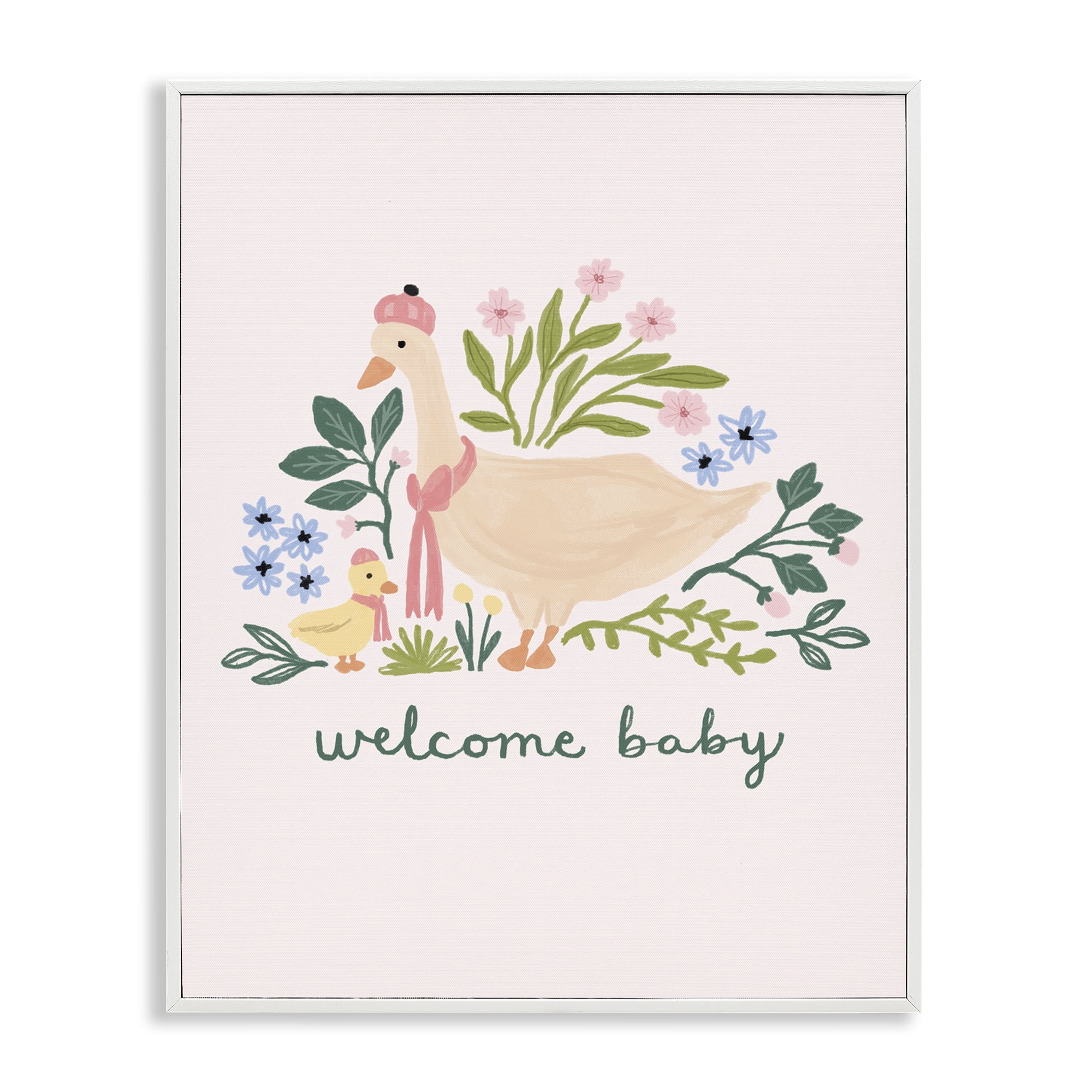 Stupell Industries Welcome Baby Floral Duck Animals Painting White Framed Art Print Wall Art, 16 x 20