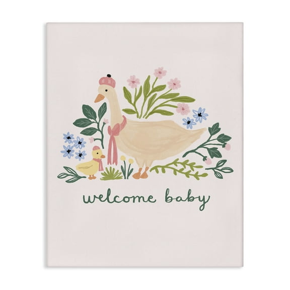 Stupell Industries Welcome Baby Floral Duck Animals Painting Wrapped Canvas Art Print Wall Art, 16 x 20