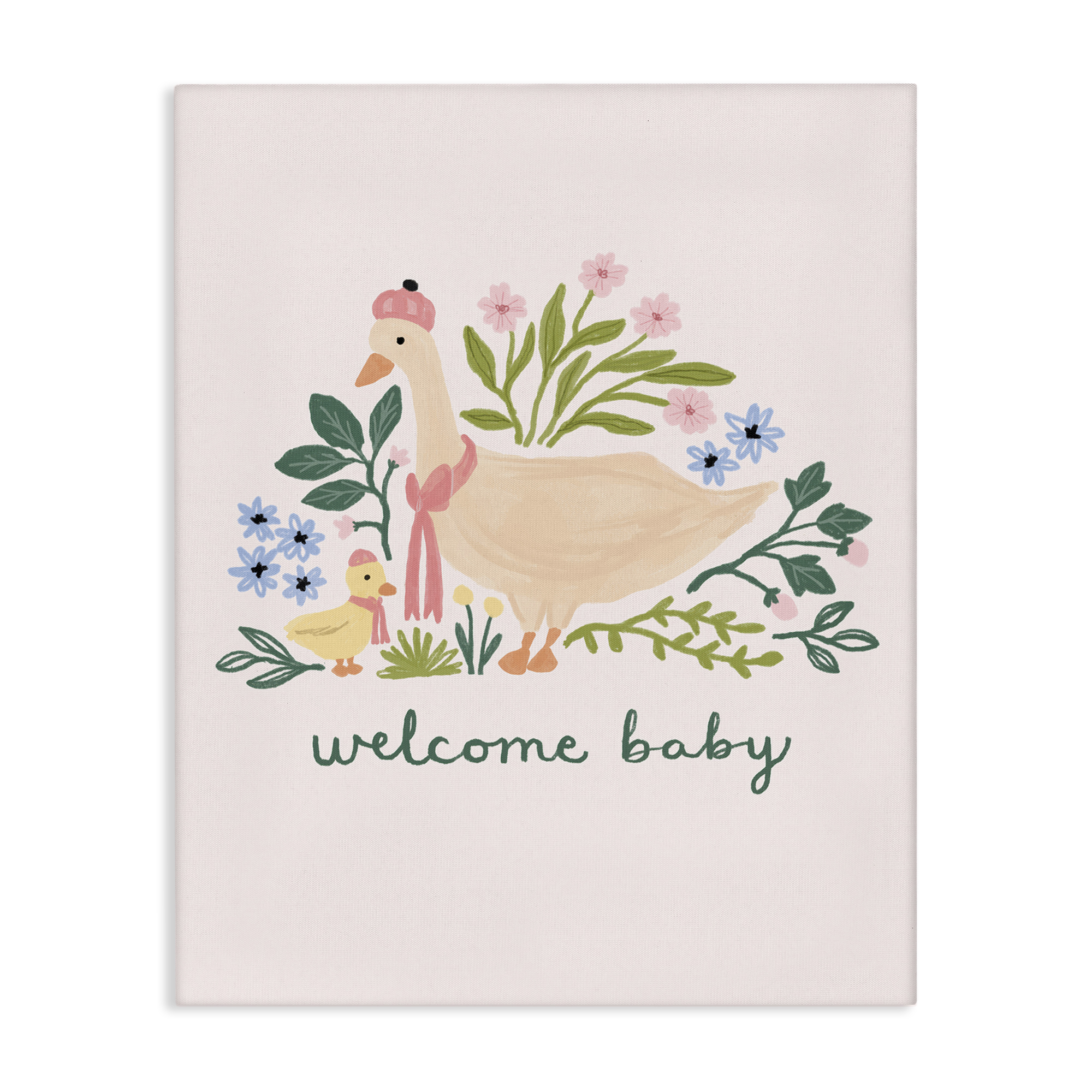 Stupell Industries Welcome Baby Floral Duck Animals Painting Wrapped Canvas Art Print Wall Art, 24 x 30