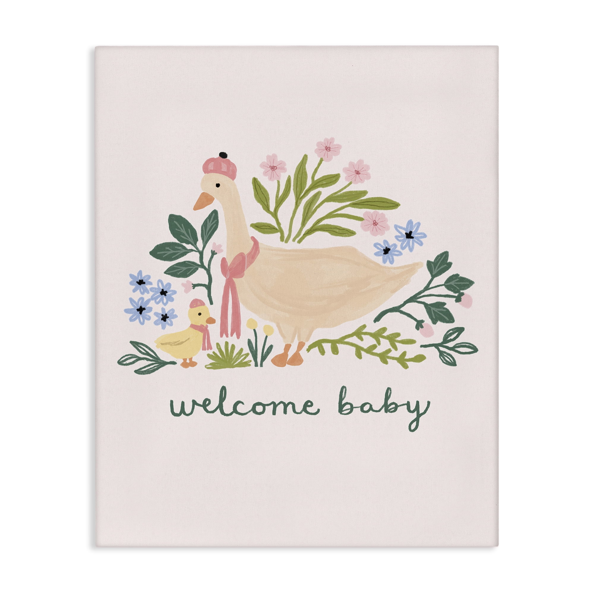 Stupell Industries Welcome Baby Floral Duck Animals Painting Wrapped Canvas Art Print Wall Art, 30 x 40