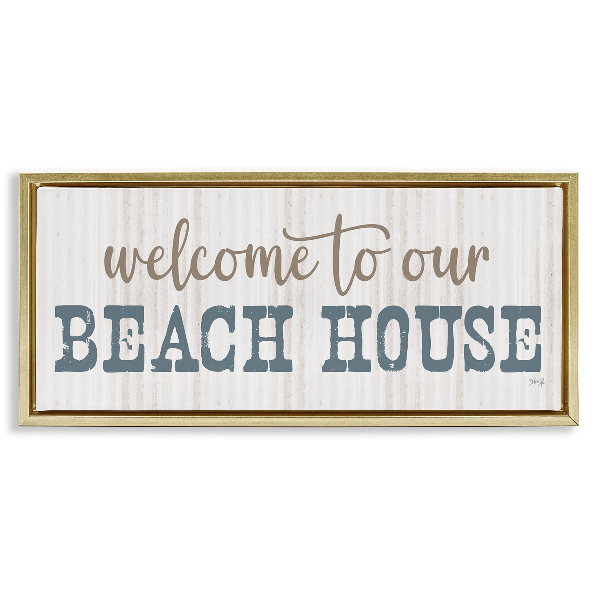 Stupell Industries Welcome Beach House Typography Painting Gold Floater Framed Canvas Art Print Wall Art, 25 x 11