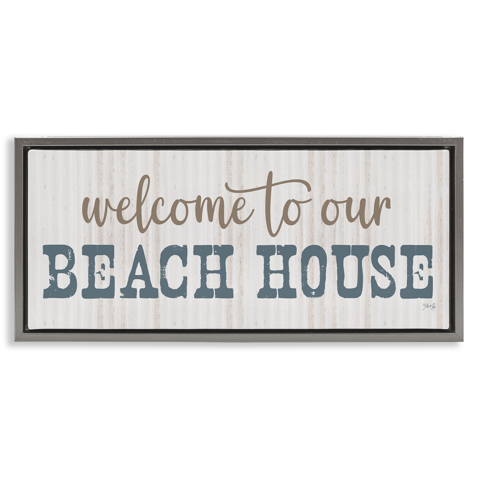 Stupell Industries Welcome Beach House Typography Painting Gray Floater Framed Canvas Art Print Wall Art, 31 x 14